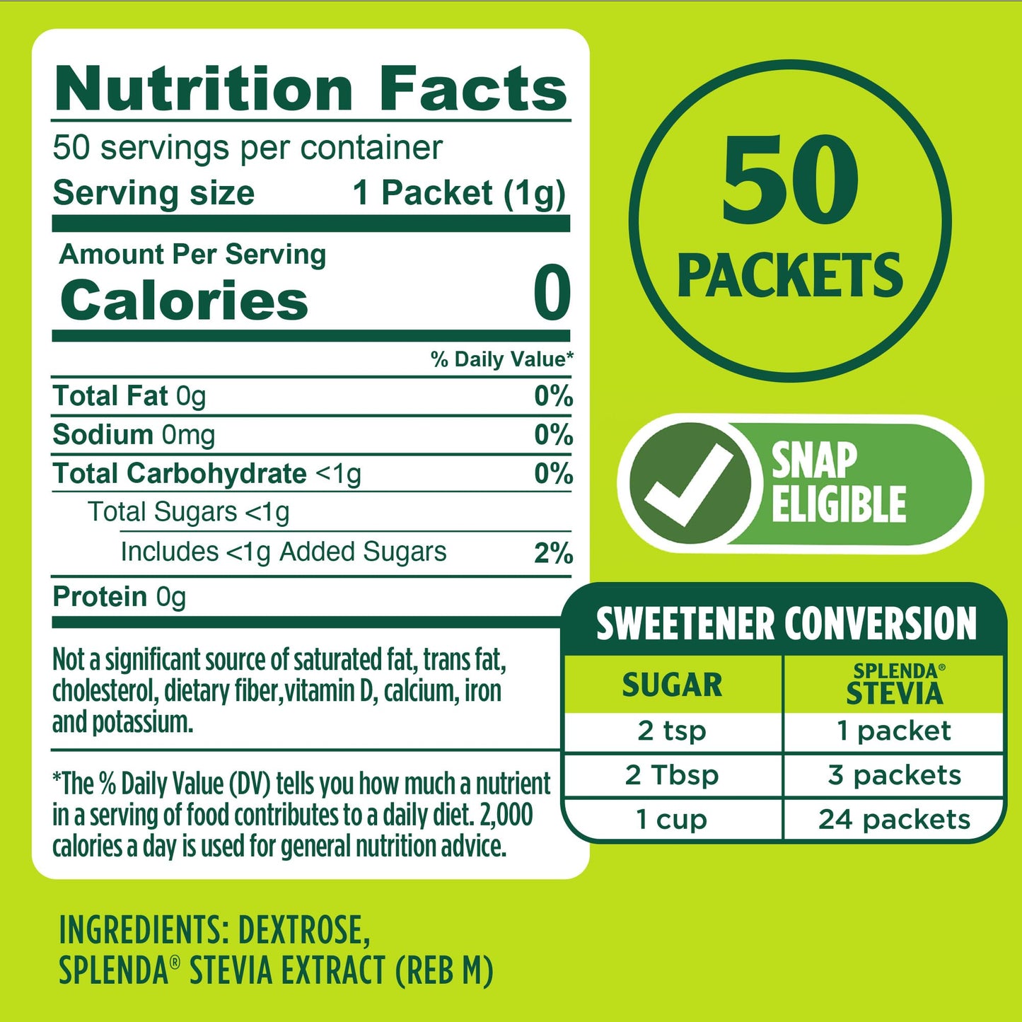 Splenda Stevia Zero Calorie Sweetener, Sugar Substitute Packets, 50 Count (Pack Of 1)