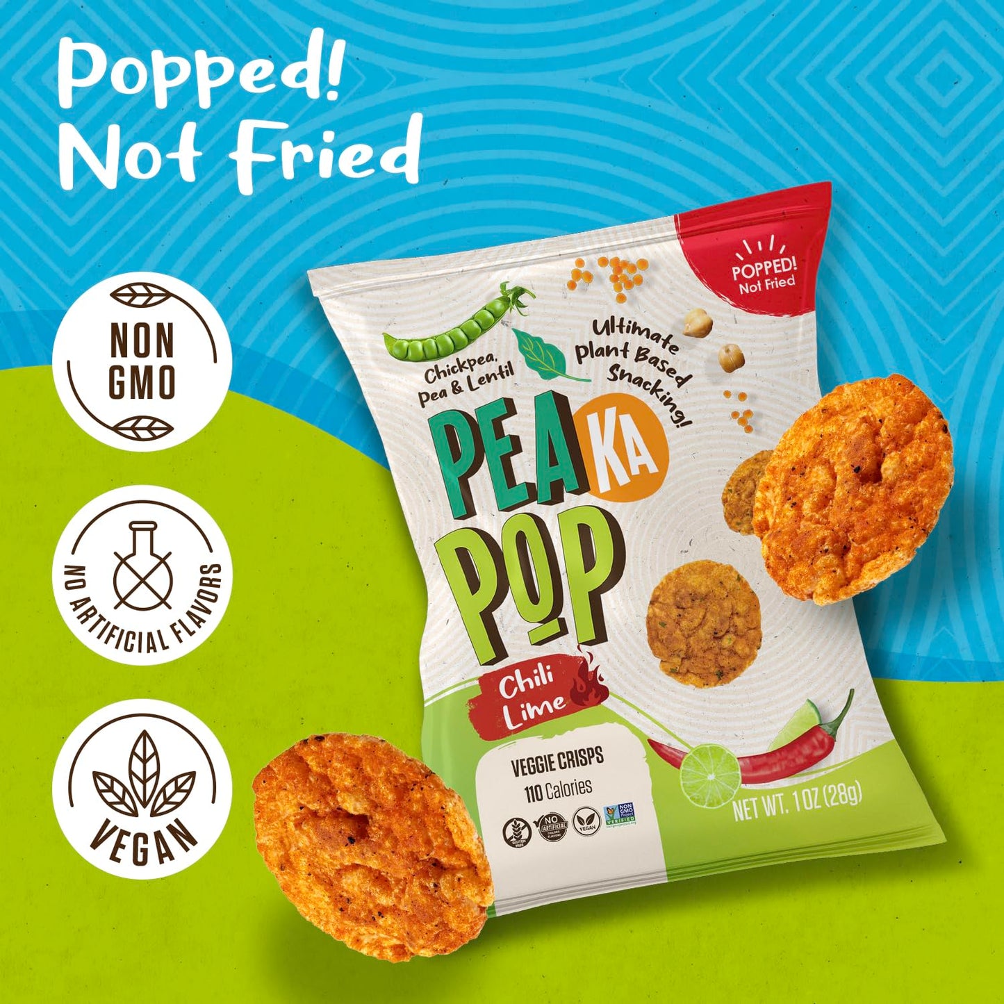 PEAKAPOP Veggie Chips - Plant-Based Popped Chips, Vegan & Gluten-Free, Chili Lime, 1 oz Bags (15-Pack)