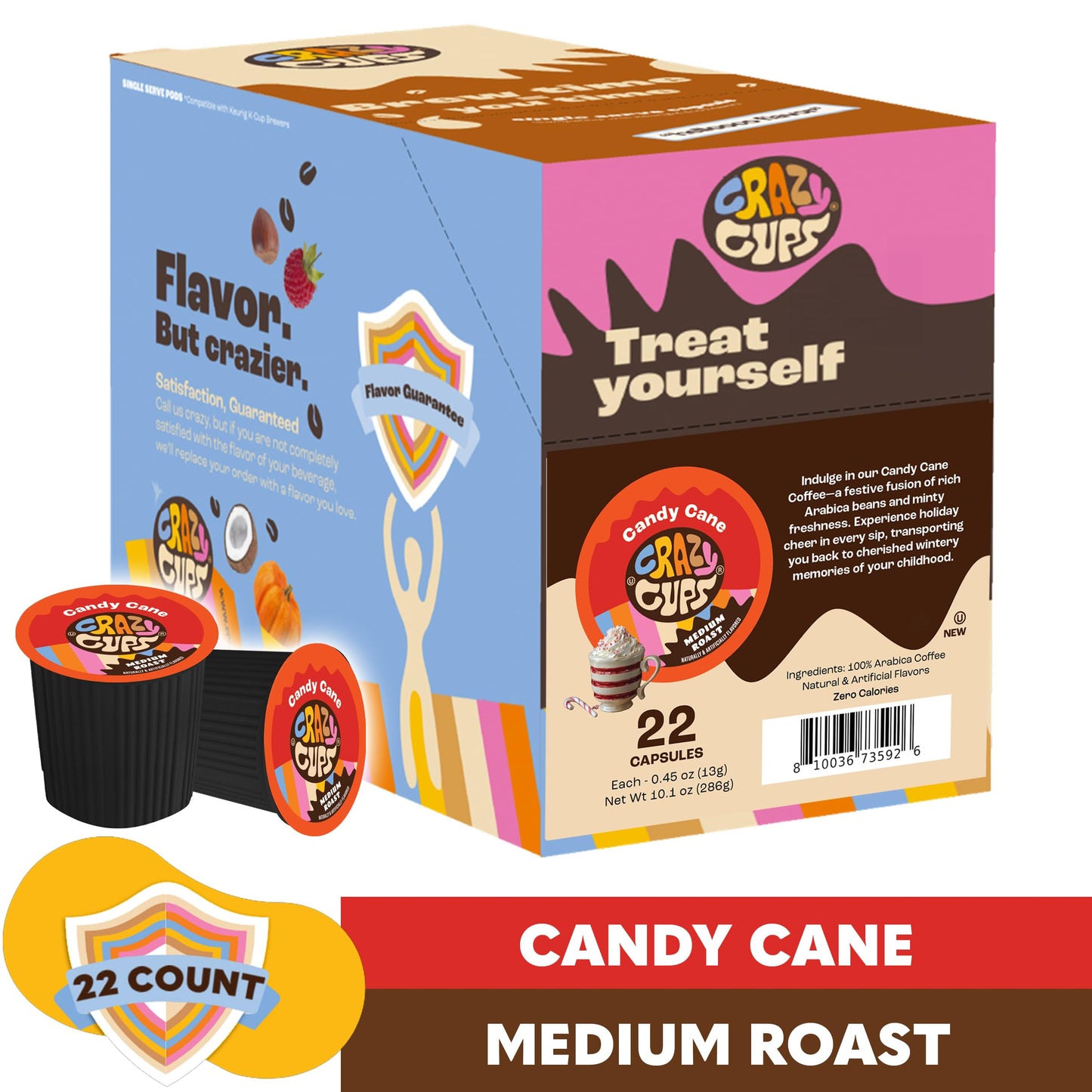 Crazy Cups Candy Cane Flavored Coffee Pods, Medium Roast, 22 Count, Compatible with Keurig K Cup malt-inspired