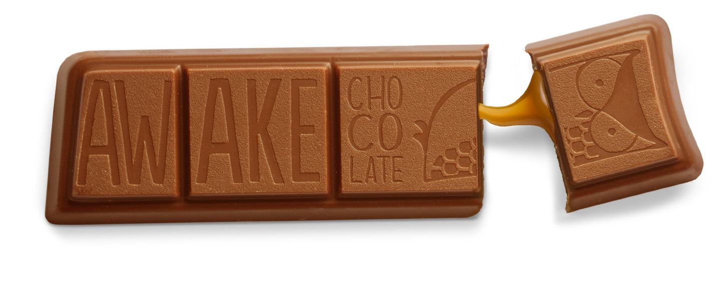 AWAKE Caffeinated Chocolate Bars - Caramel Milk Chocolate, 12 Count, Gold, 100mg Caffeine, Fairtrade, Gluten Free, Non-GMO