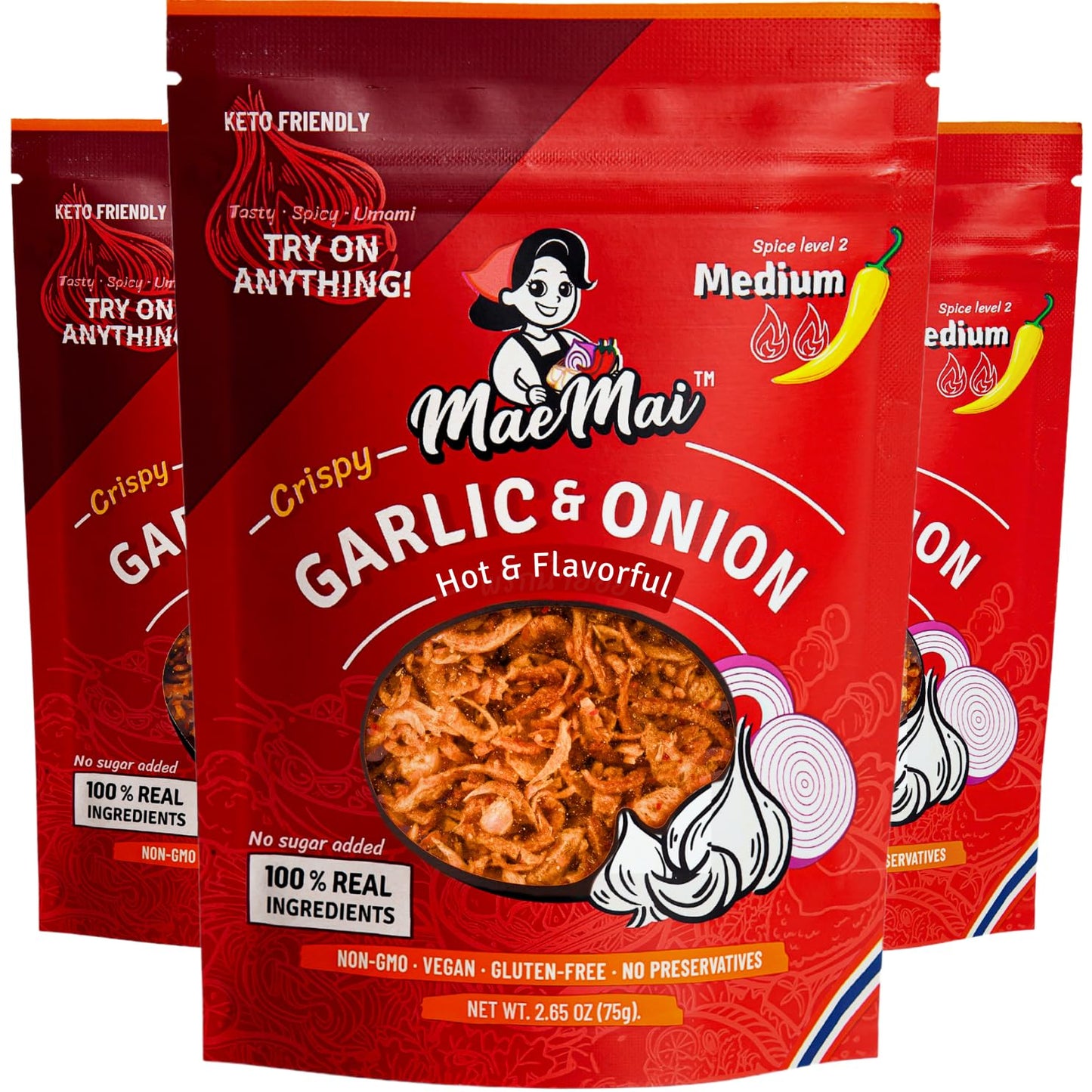 MaeMai Chili Crisp (MEDIUM HOT Spice) - Spicy Umami Onion & Garlic Flakes - All-Purpose Seasoning, Topper | Chili oil WITHOUT TH