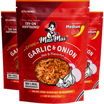 MaeMai Chili Crisp (MEDIUM HOT Spice) - Spicy Umami Onion & Garlic Flakes - All-Purpose Seasoning, Topper | Chili oil WITHOUT TH