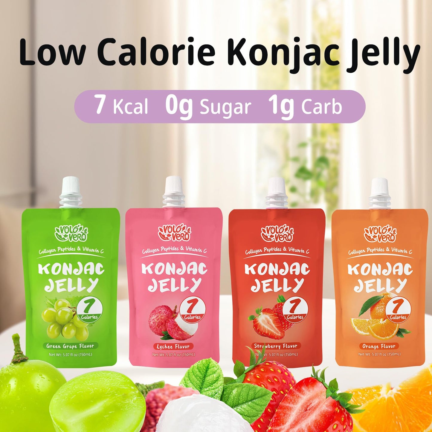 VOLO VERO Konjac Jelly Pouch Drinkable Variety Pack, 7 Calories, 10 Pack, 0 Sugar, Gluten Free, Keto, Collagen Peptides Healthy