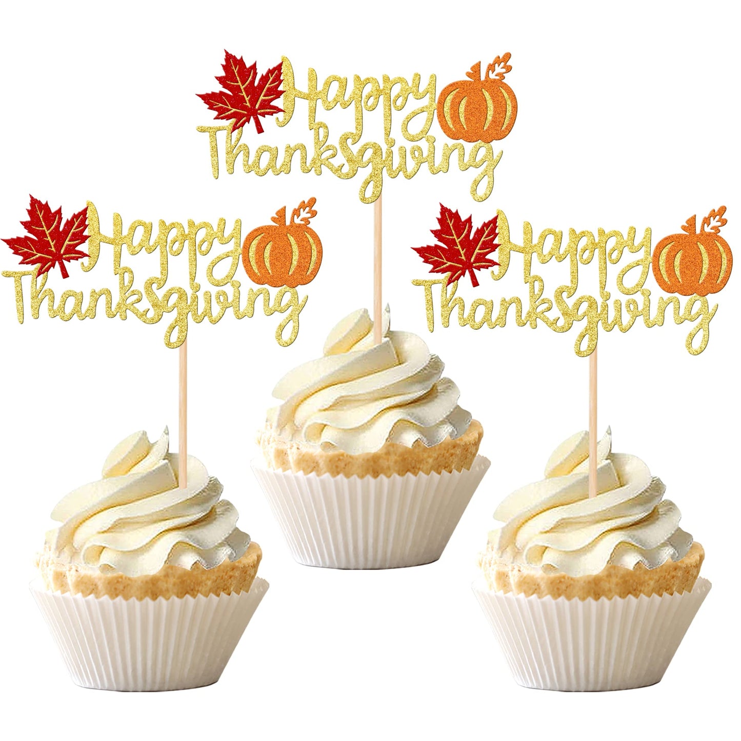 24 Pcs Happy Thanksgiving Cupcake Toppers With Glitter Maple Leaf Pumpkin Fall Theme Thanksgiving Cupcake Picks For Happy Thanks