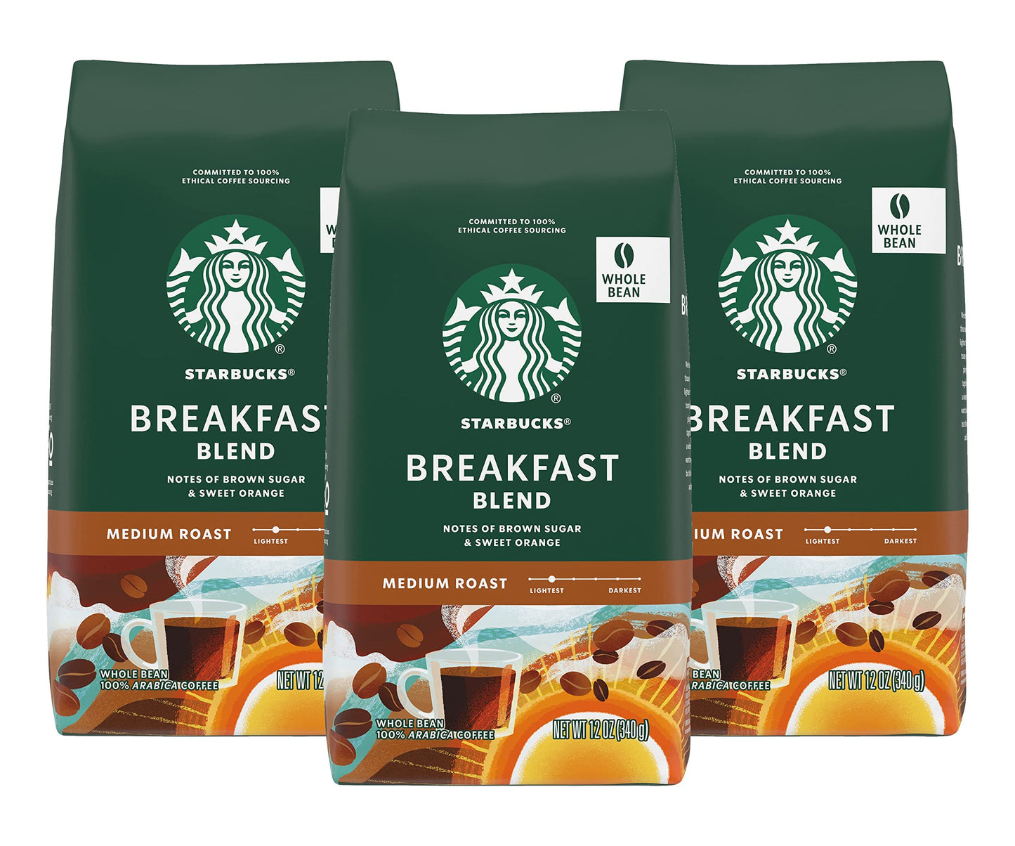 Starbucks Breakfast Blend Coffee, Whole Bean, 12 Ounce Bags, Pack of 3