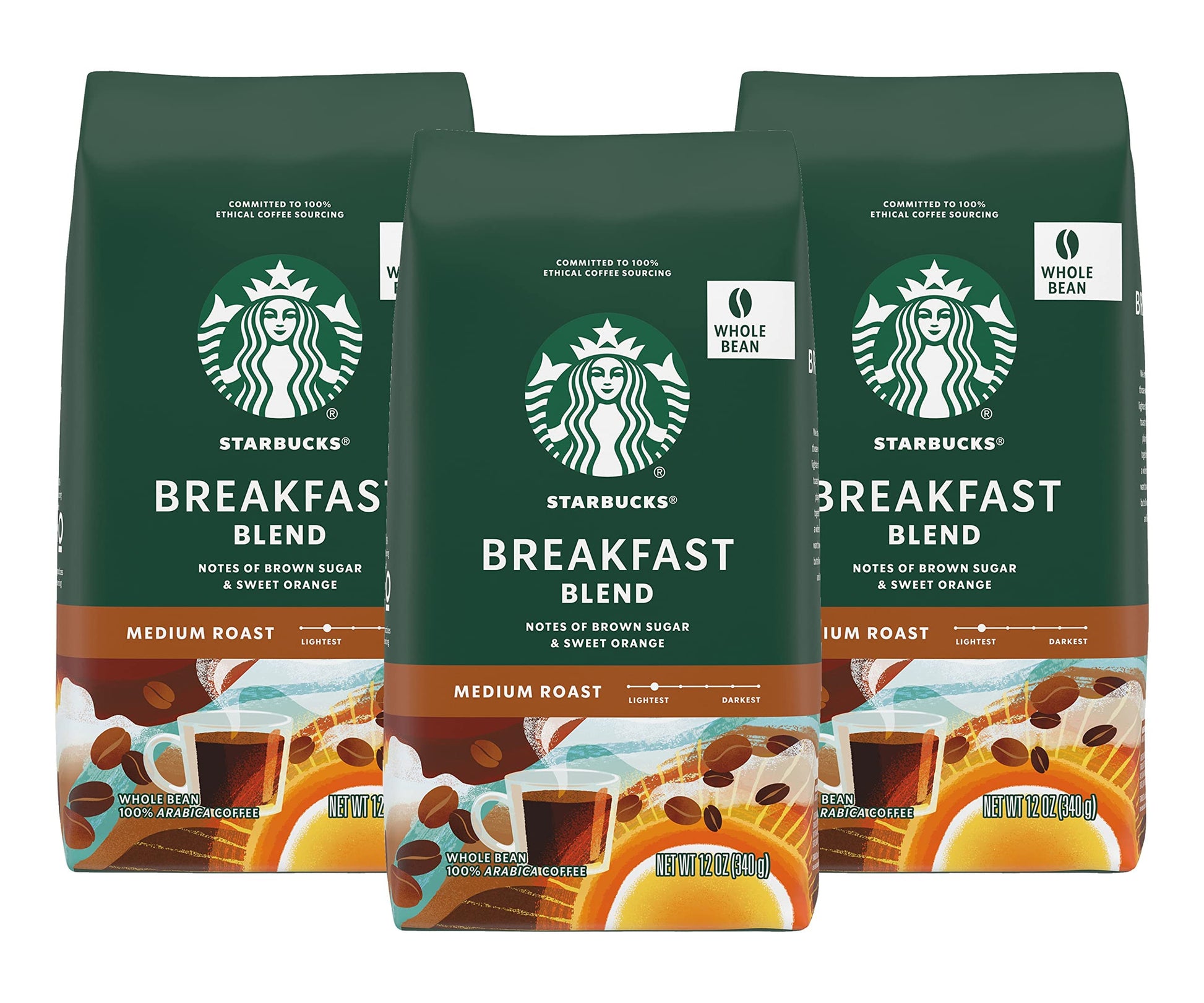 Starbucks Breakfast Blend Coffee, Whole Bean, 12 Ounce Bags, Pack of 3