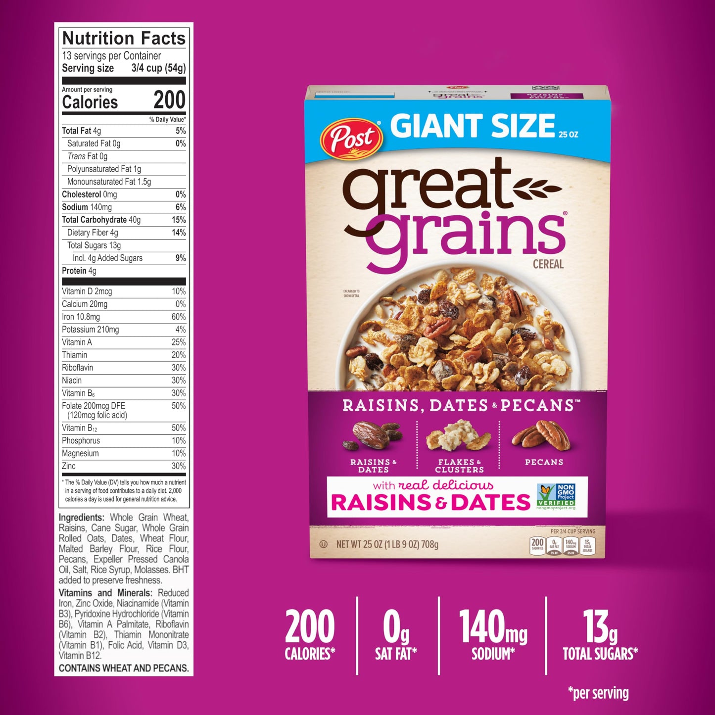 Great Grains Raisins Dates & Pecans Breakfast Cereal  Crunchy Clusters with Sweet Fruit and Whole Grains  Non-GMO  25 oz Box