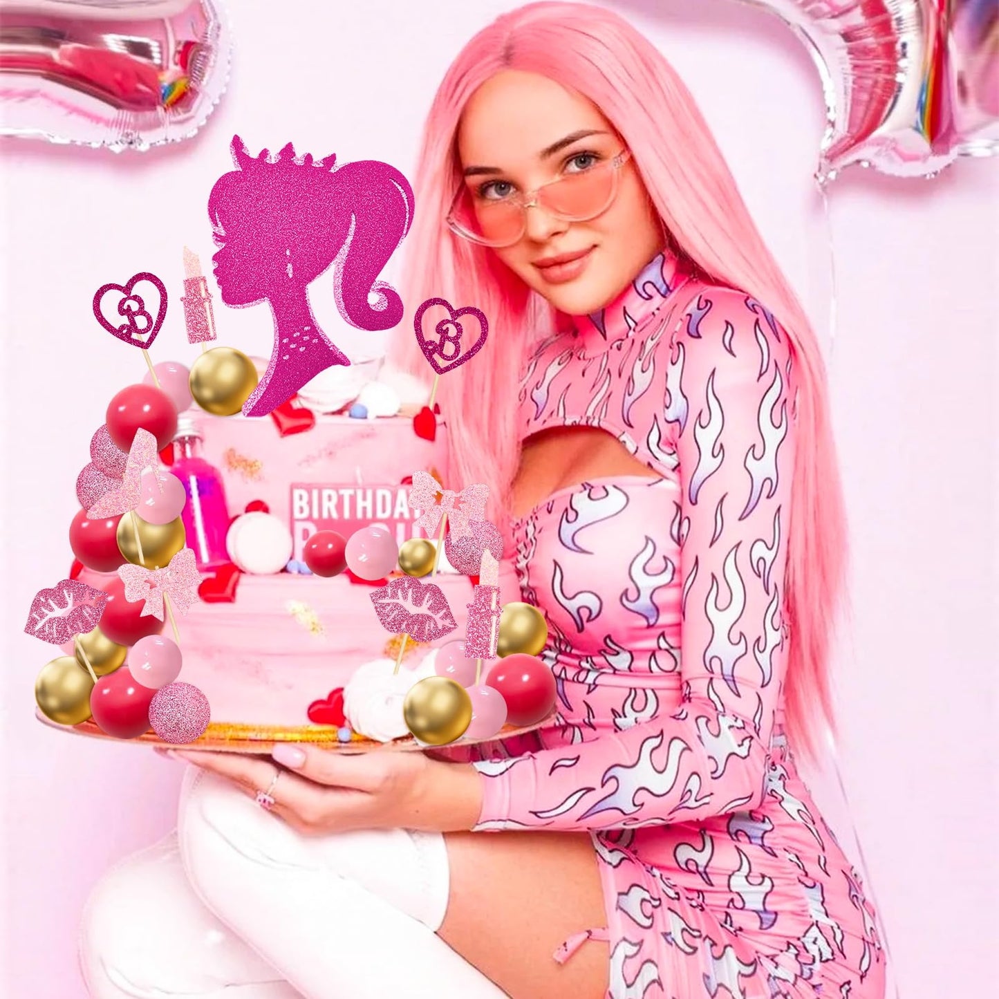 Memovan Hot Pink Girl Cake Topper 31Pcs -Princess Makeup Cake Topper Decoration With Pink Gold Ball Glitter High Heel Lipstick L