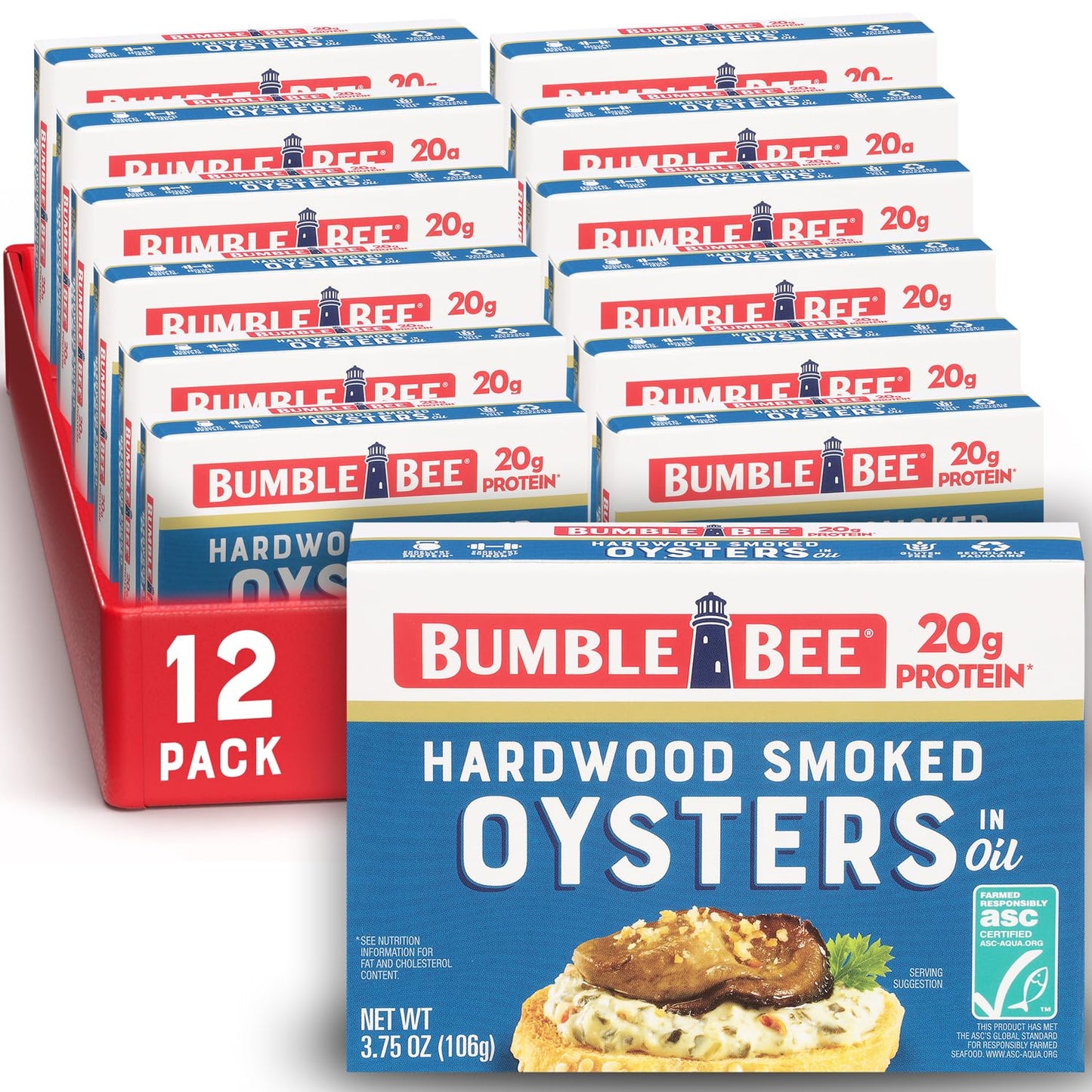 Bumble Bee Canned Smoked Oysters, 3.75 oz Cans, Pack of 12, Gluten Free, 18g Protein per Serving