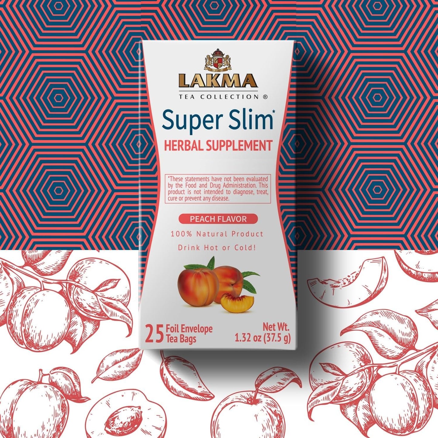 HYLEYS Tea Lakma Wellness Super Slim Tea - Peach Flavor, 25 Tea Bags, GMO Free, Gluten Free, Sugar Free, 100% Natural, Decaf