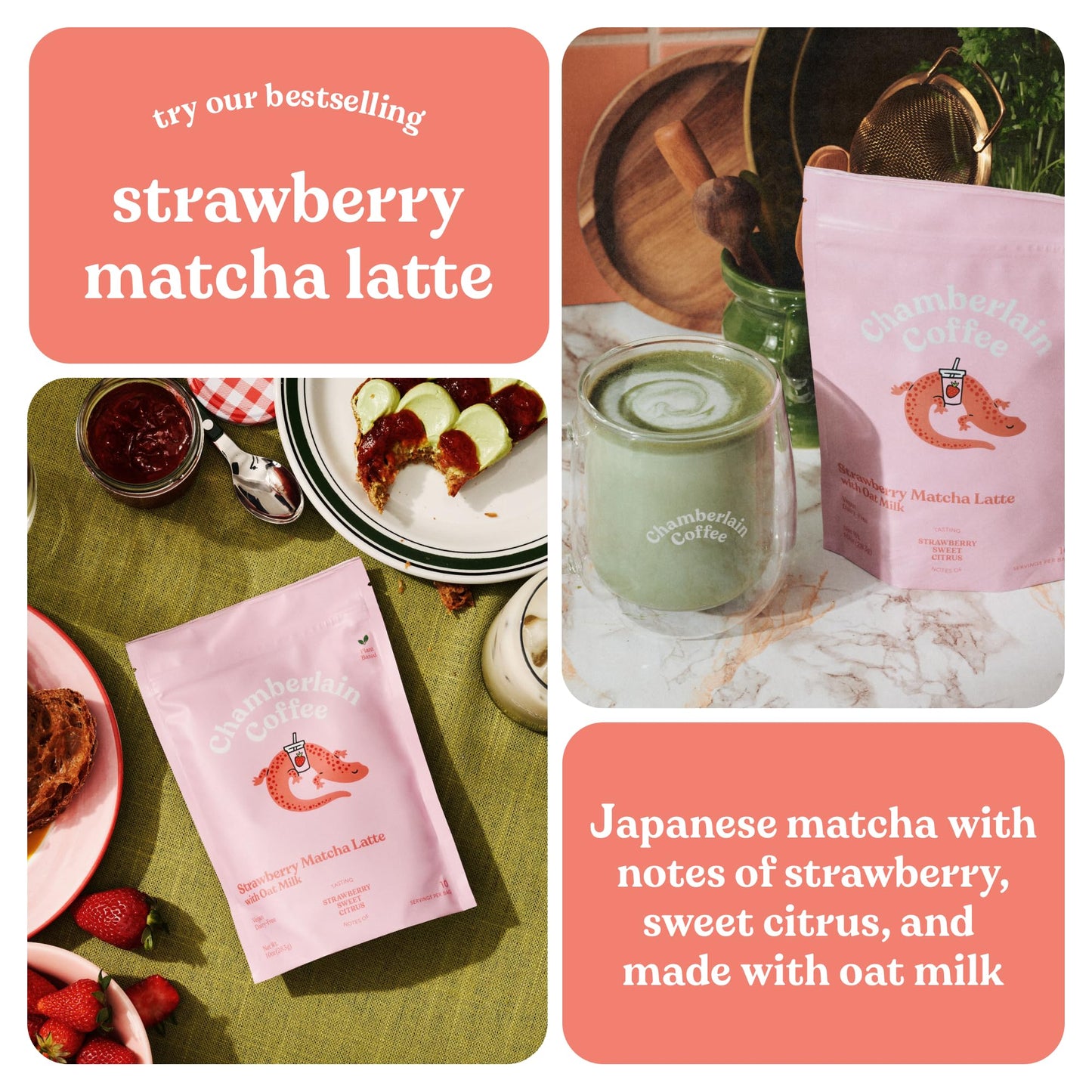 Chamberlain Coffee Strawberry Matcha Latte - Vegan Strawberry Matcha Latte With Oat Milk - Strawberry, Sweet, Citrus - Japanese