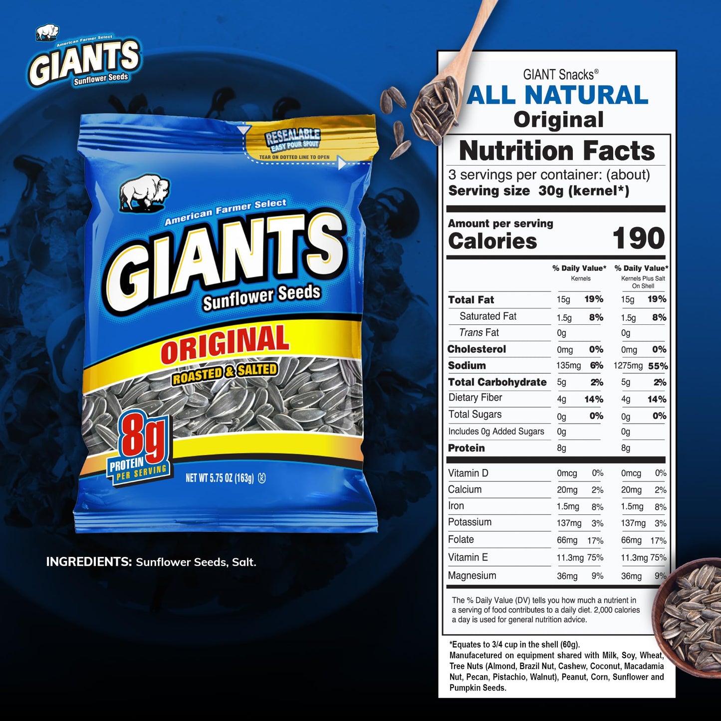 Giants Original Sunflower Seeds - Sunflower Seeds To Eat, Sunflower Seeds Bulk, Lightly Salted For Eating, High Protein Snack Wi