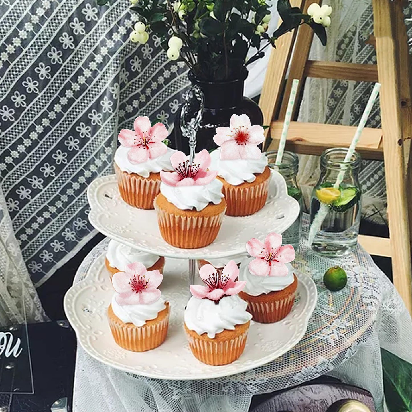 40 Pack Edible Cherry Blossom Cupcake Toppers Spring Bridal Engagement Baby Shower Birthday Party Cupcake Picks Drink Topper Ann