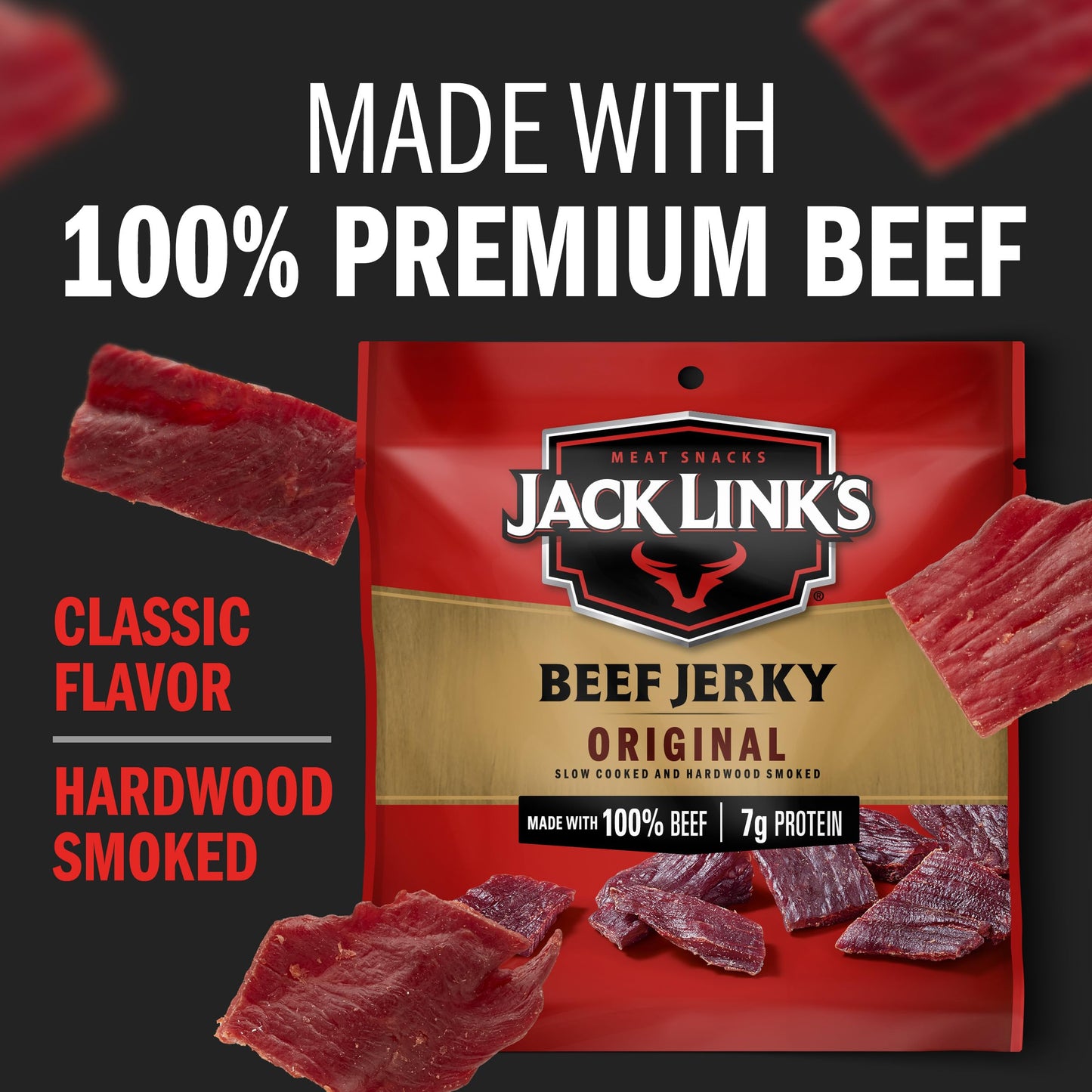 Jack Link's Beef Jerky Original, 0.625 oz (Pack of 20) - Flavorful Protein Snacks, 7g Protein, 100% Beef, Ready to Eat