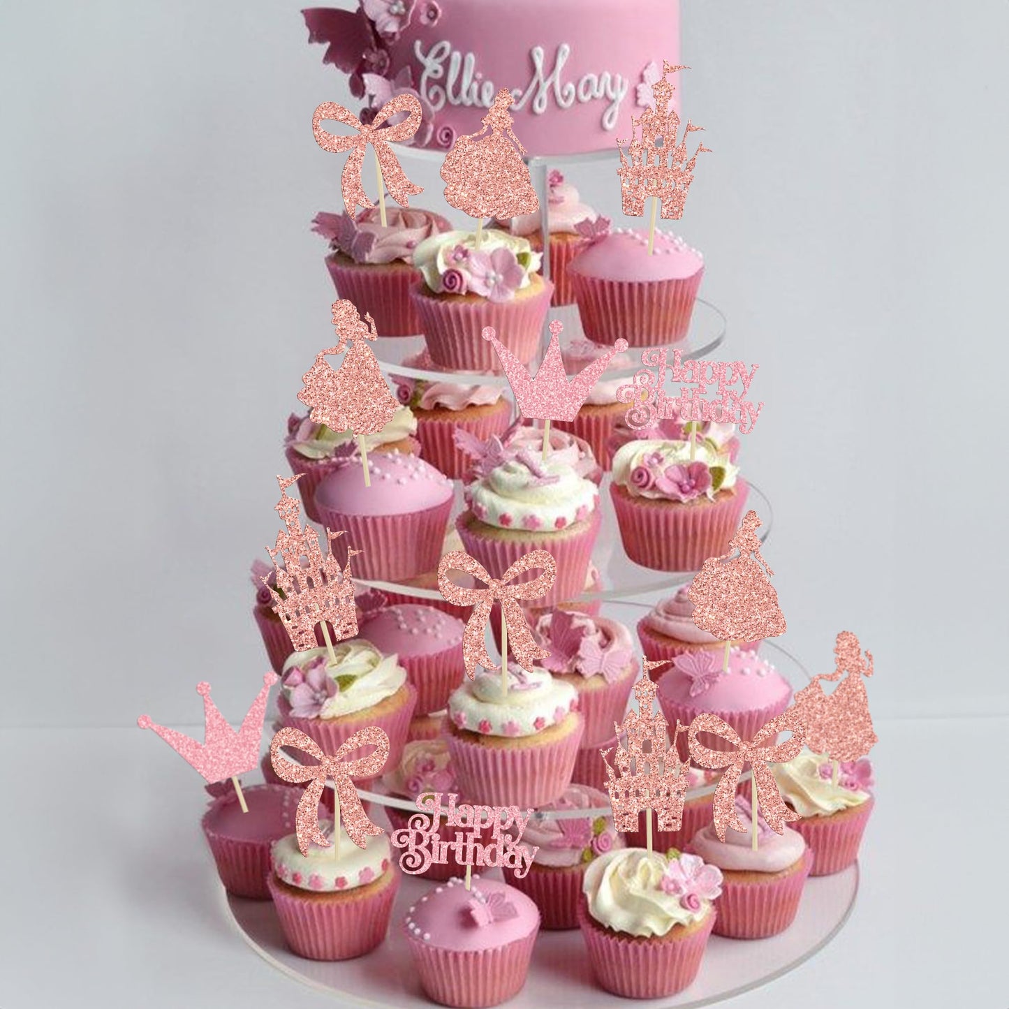 Gyufise Princess Cupcake Toppers, 24Pcs Glitter Castle & Bowknot Decorations, Rose Gold, 2.4x3.9 inches, for Birthday & Baby Shower Parties