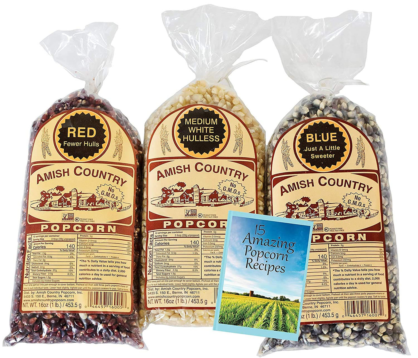 Amish Country Popcorn | Variety Bundles | 3-1 lb Bags | Red - White - Blue Popcorn Kernels | Old Fashioned, Non-GMO and Gluten F