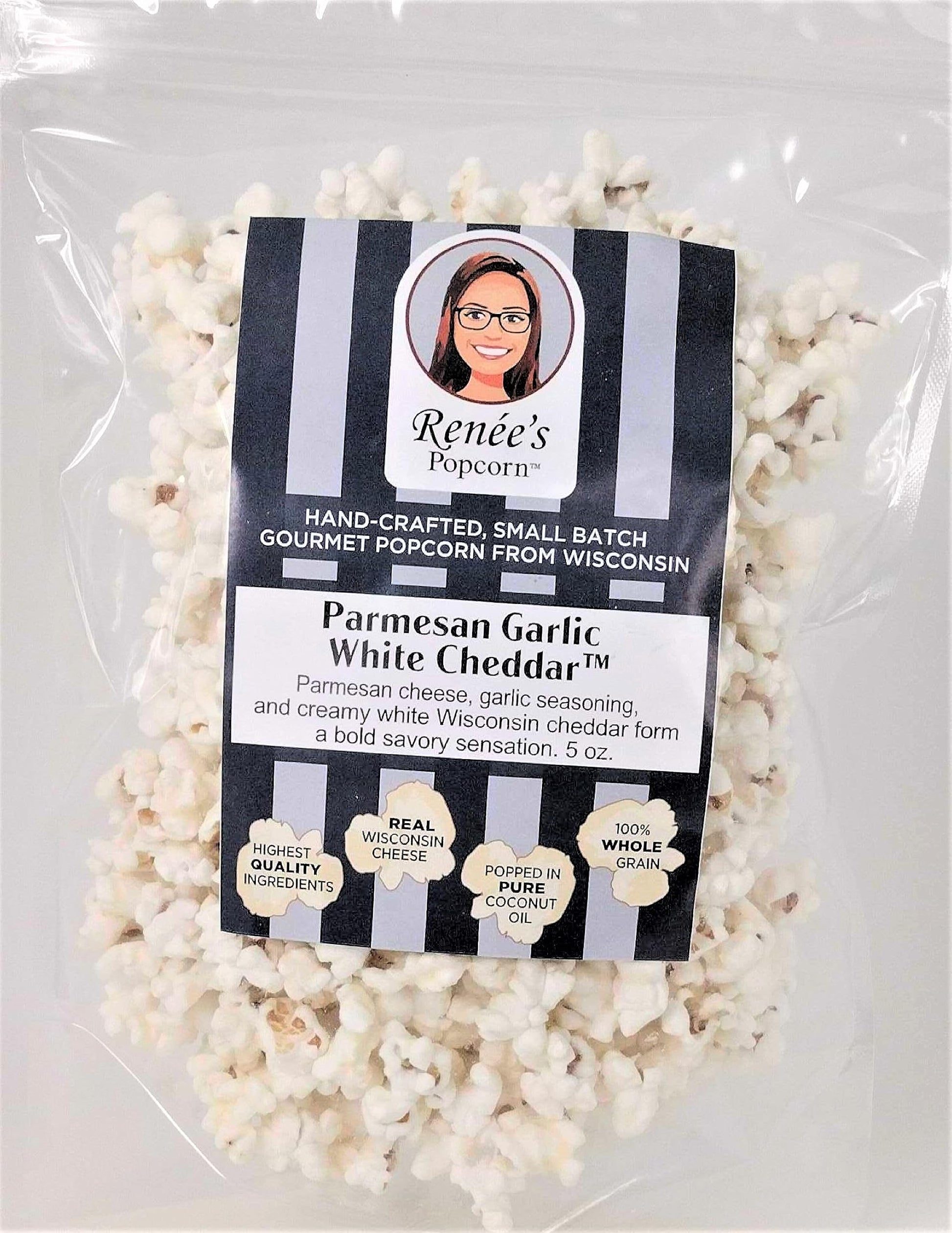 Ren  es Parmesan Garlic White Cheddar Cheese  Gourmet Popcorn - Wisconsin white cheddar cheese, classic parmesan with garlic spi