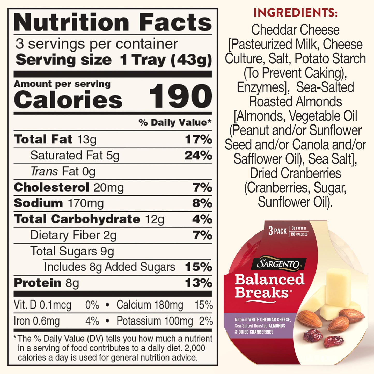 Sargento Balanced Breaks Natural White Cheddar Cheese, Sea-Salted Roasted Almonds and Dried Cranberries Snack Kit, 3-Pack