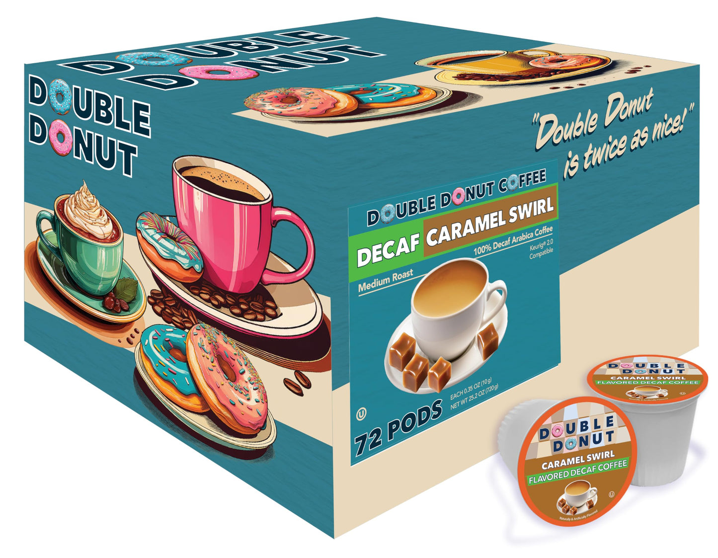 Double Donut Coffee Decaf Caramel Swirl Coffee Pods, Medium Roast, Compatible with Keurig, 72 Count