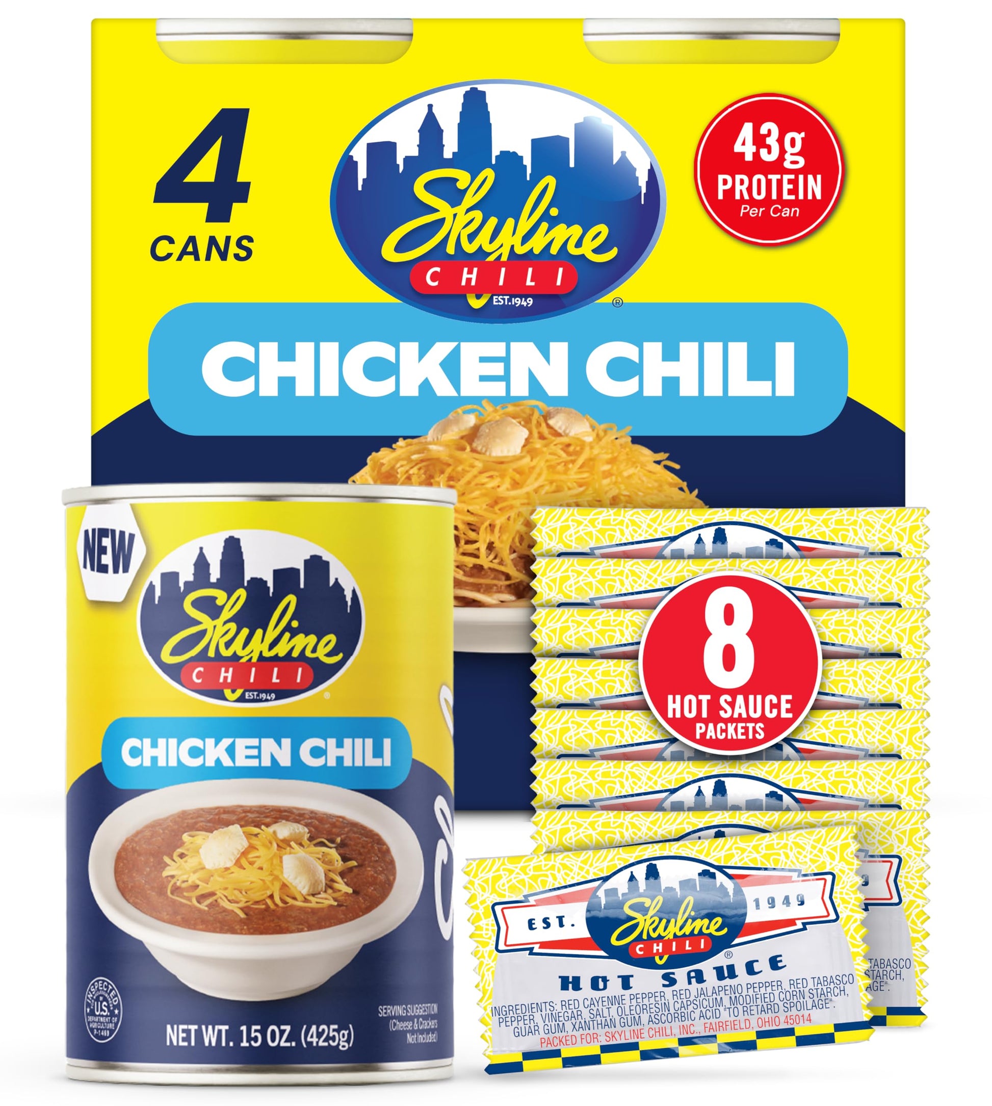 Skyline Chicken Chili Bundle - 4-Pack 15 oz Cans with 8 Packets of Skyline Chili Hot Sauce  Authentic Cincinnati Chili & Spicy Sauce Combo for Coneys  Spaghetti  Nachos & Low Carb Meals