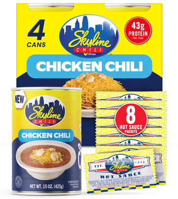Skyline Chicken Chili Bundle - 4-Pack 15 oz Cans with 8 Packets of Skyline Chili Hot Sauce  Authentic Cincinnati Chili & Spicy Sauce Combo for Coneys  Spaghetti  Nachos & Low Carb Meals