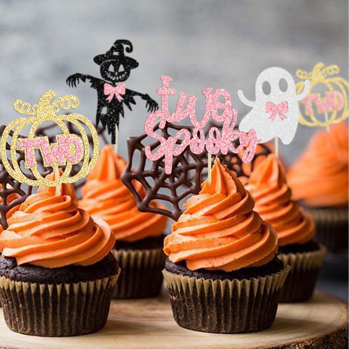 Gyufise 24Pcs Halloween Two Spooky Cupcake Toppers Pink Glitter Ghost Pumpkin Cupcake Picks Girl Spooky Halloween Cake Decoratio
