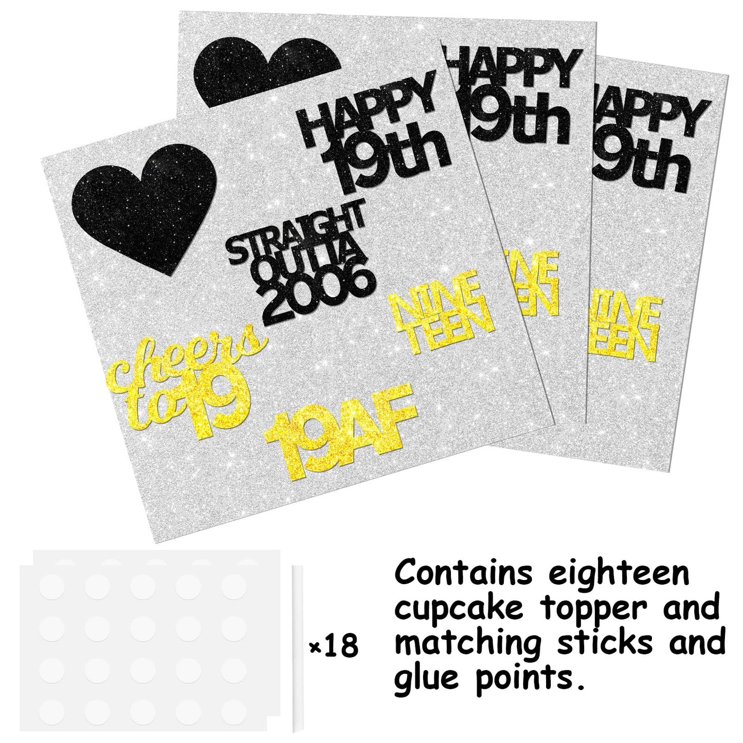 18Pcs Black Gold Glitter Dessert Cupcake Pick For Straight Outta 2006 Cheer To 19 Years Old Theme Decor Supplies Happy 19Th Birt