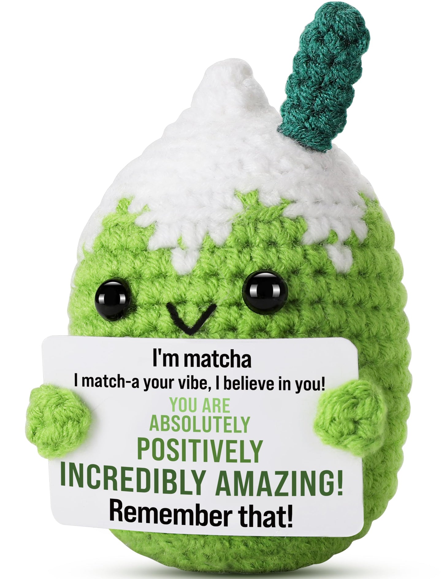 Ovrrcame Affirmations Crochet Matcha Buddy - Positive Vibes Card, 3.15 x 2 x 2 inches, You Are Amazing, Motivational Gift for Her