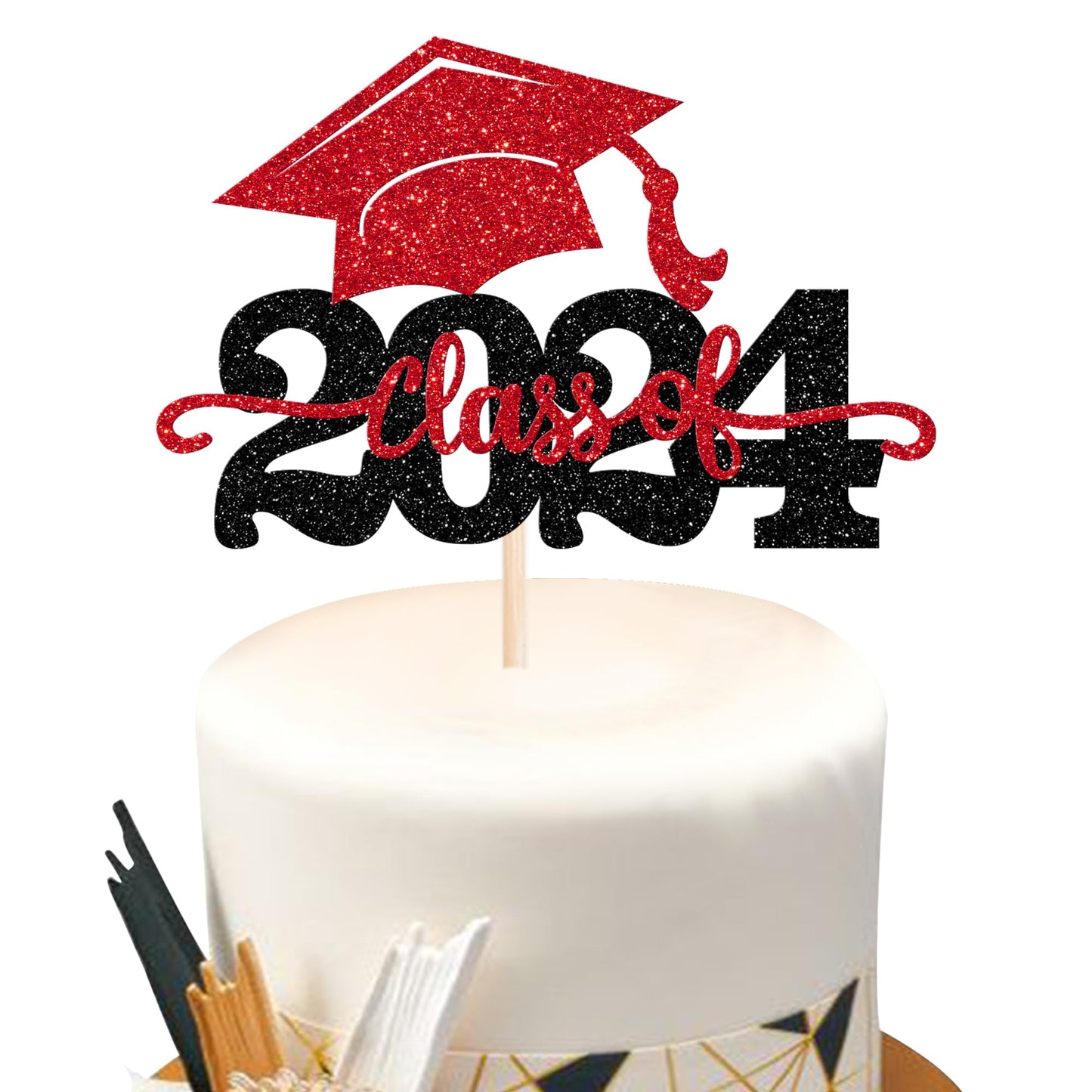 YCTHUNFISH Graduation Cake Topper - Class of 2024 Glitter Cap Decoration, Black & Red, Bamboo Material