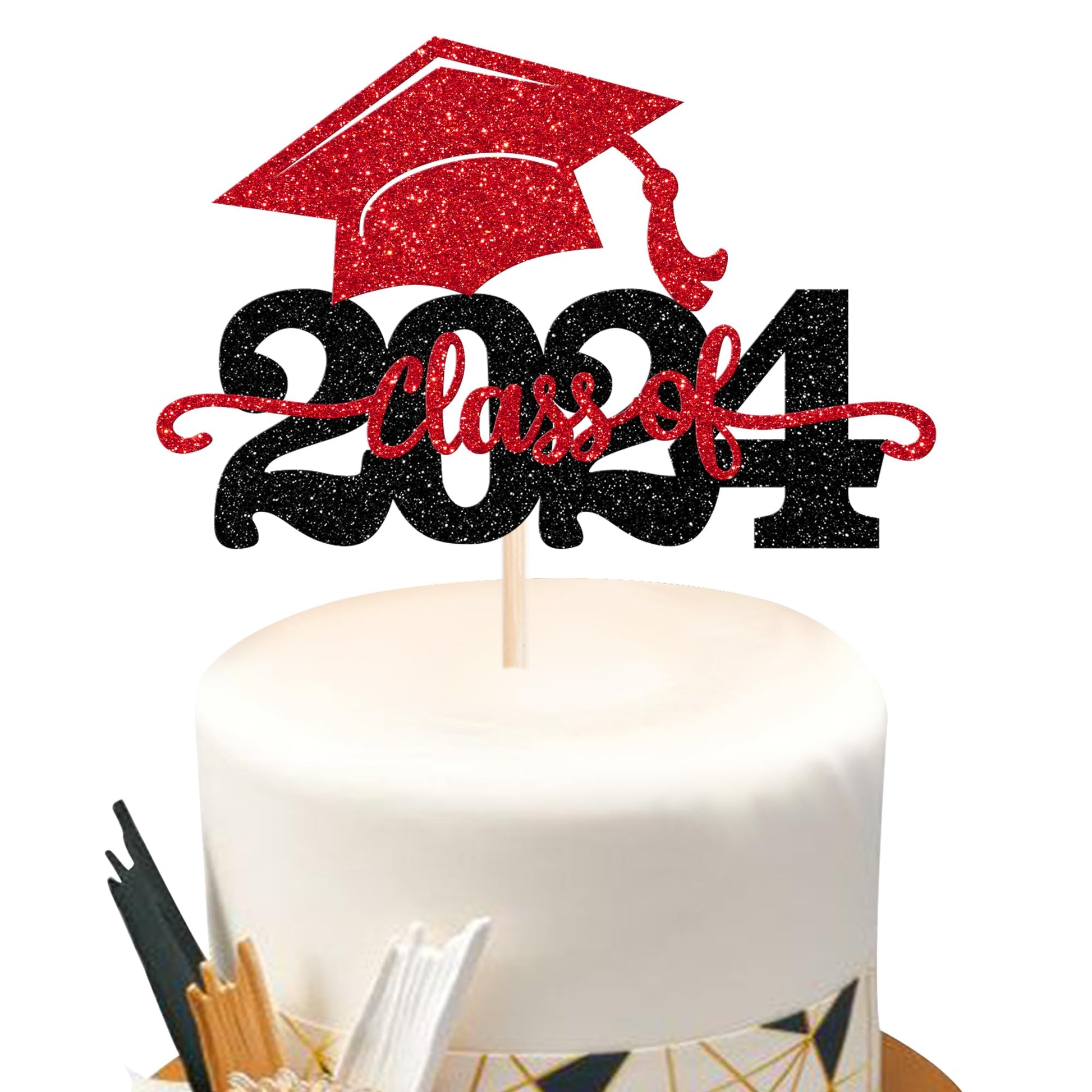 YCTHUNFISH Graduation Cake Topper - Class of 2024 Glitter Cap Decoration, Black & Red, Bamboo Material