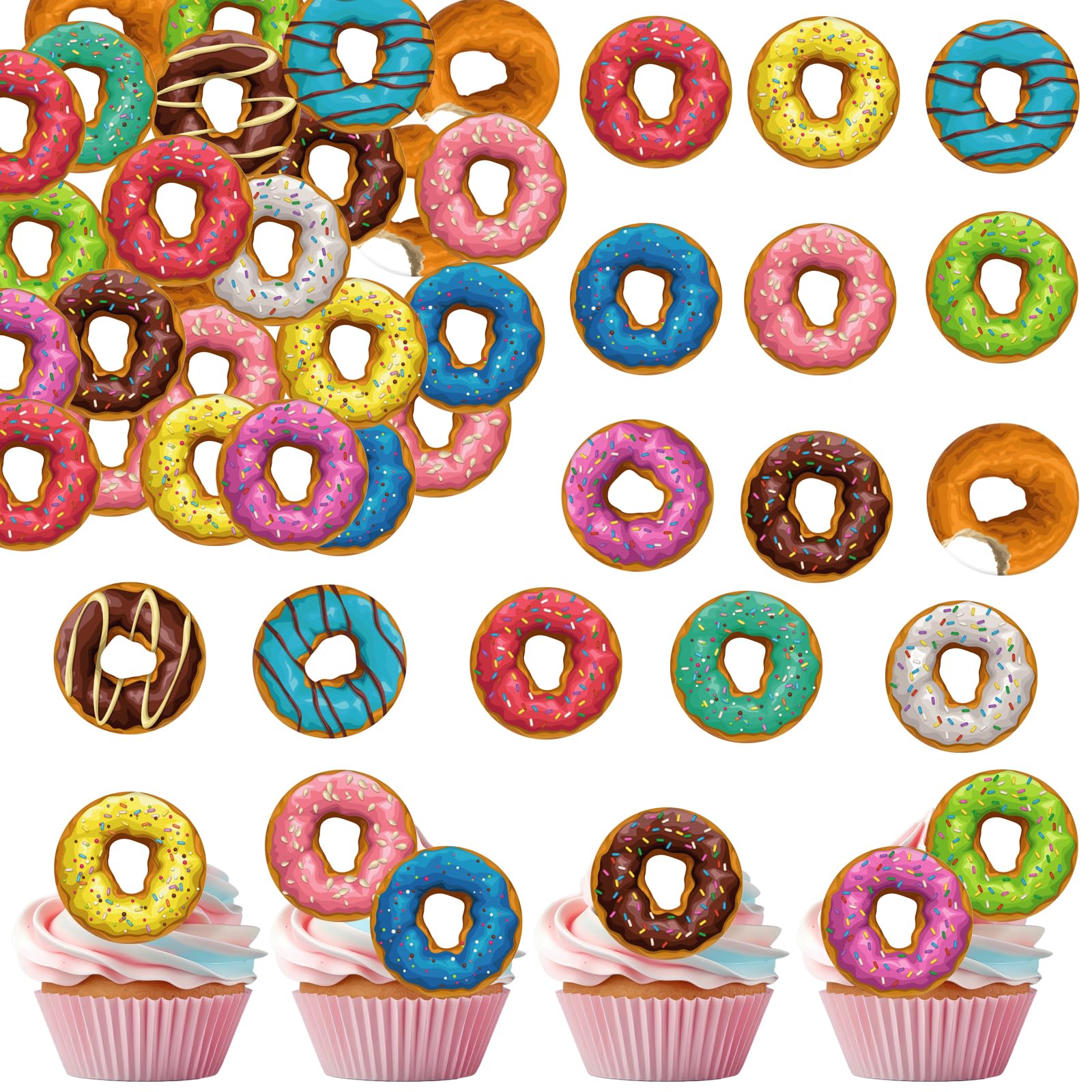 Fyeoxle 36PCS Edible Donut Cupcake Toppers Wafer Paper Sweet Donuts Cupcake Picks Edible Donut Party Cupcake Decorations for Swe