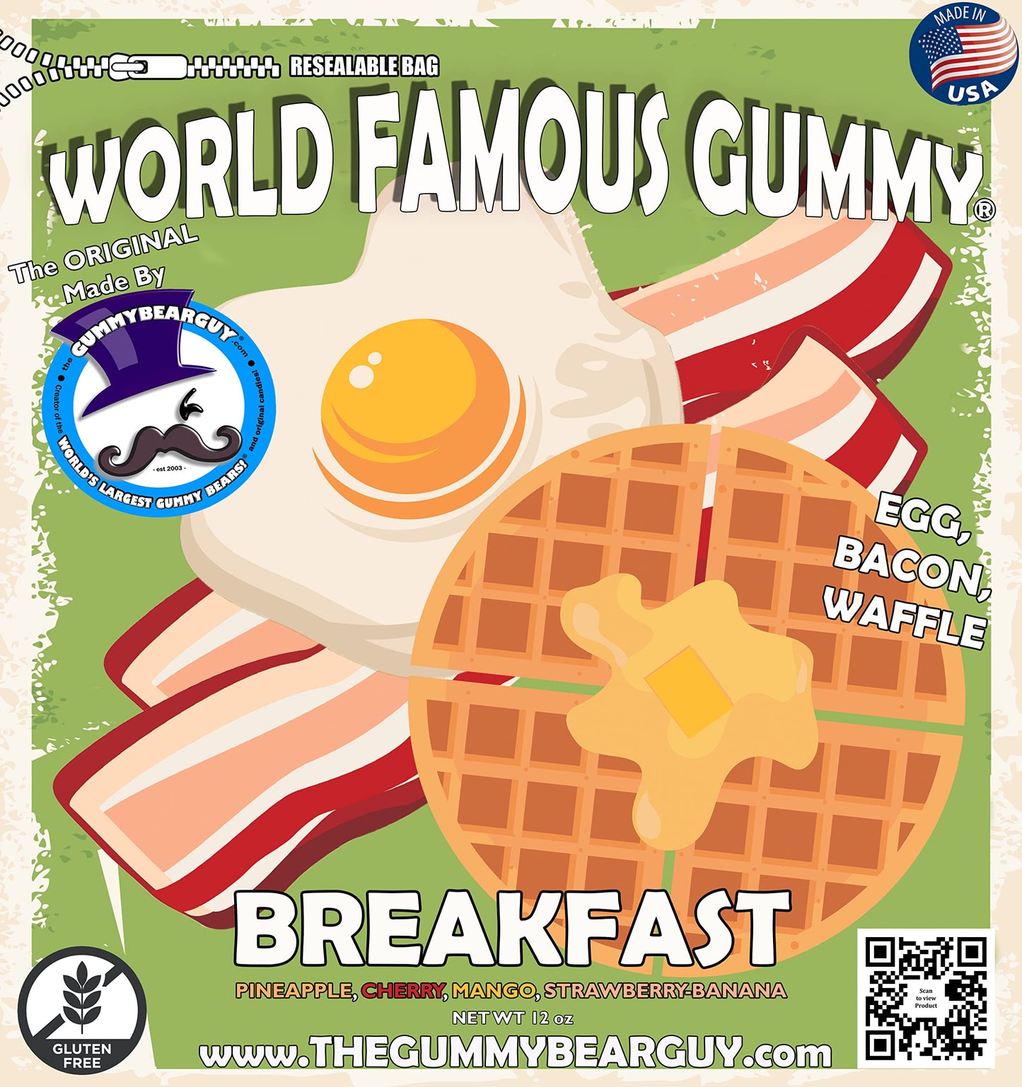 The Gummy Bear Guy | World Famous Gummy (TM) | Gummy Meal - Breakfast - 4 Pieces, Made in the USA - Cherry, Mango, Pineapple, Ba