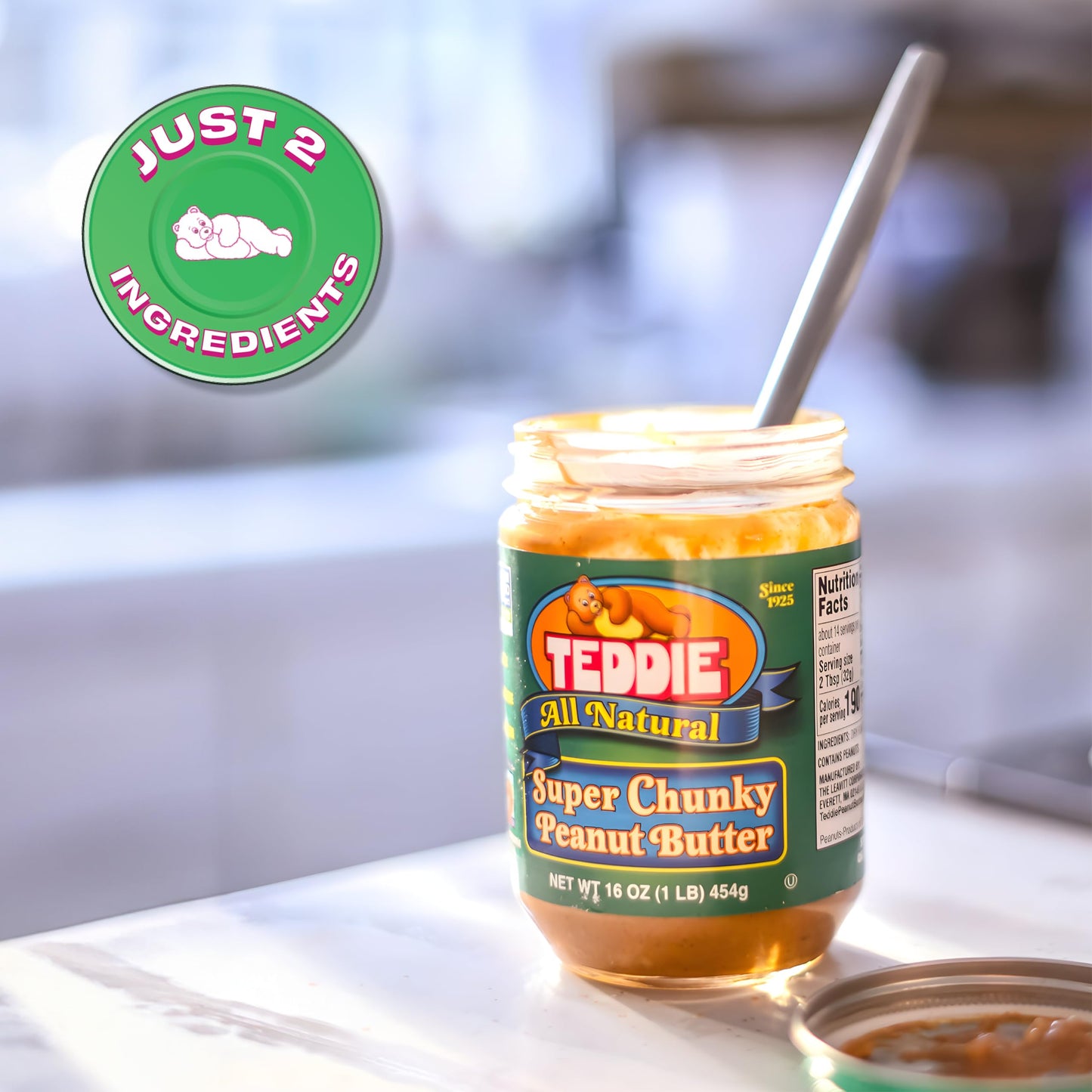 Teddie All Natural Peanut Butter, Super Chunky 2Pk, Gluten Free & Vegan, 16 Ounce Glass (Super Chunky, 16 Ounce (Pack Of 2))