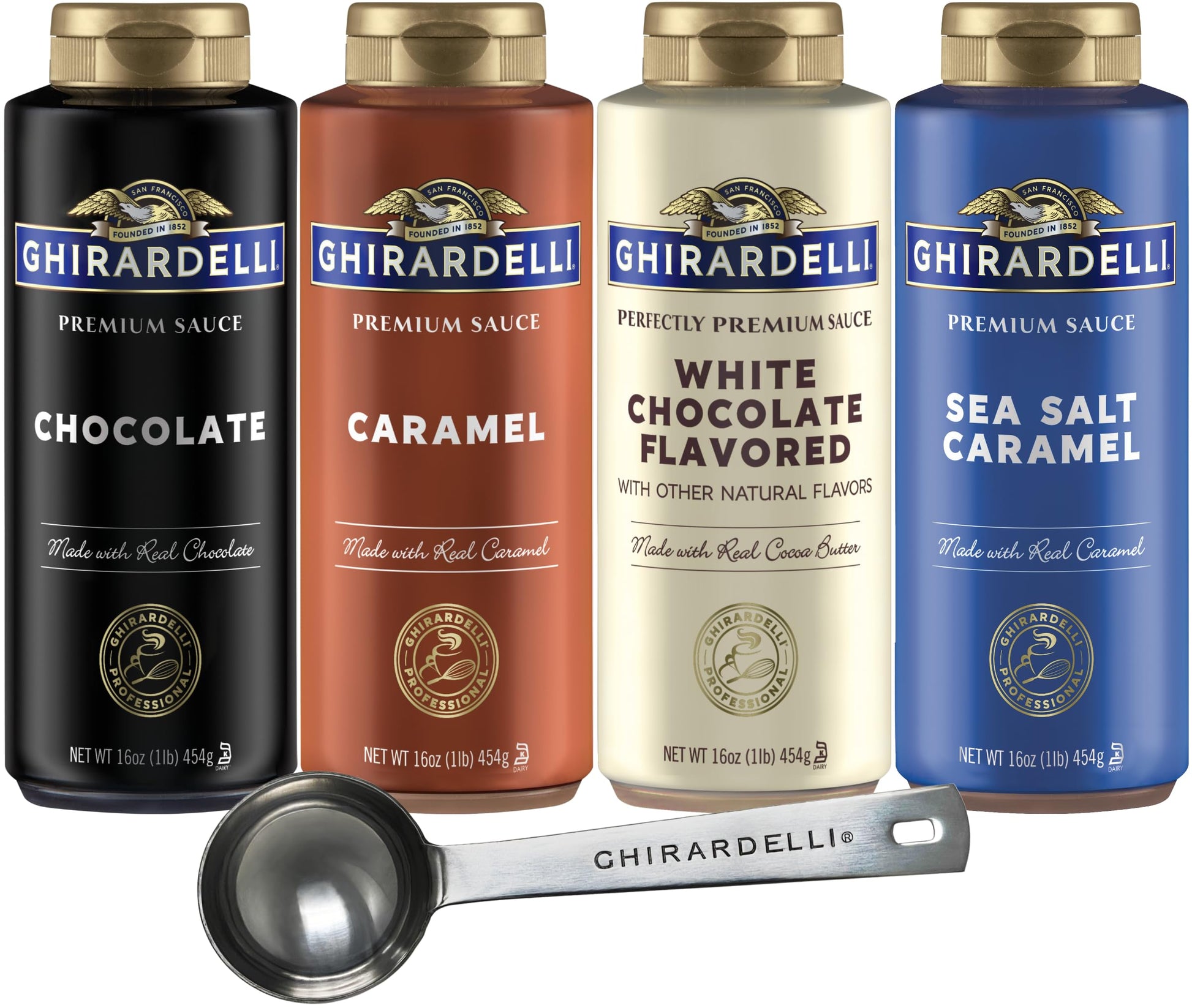 Ghirardelli Chocolate Caramel Sauce, White Chocolate & Sea Salt, 16 oz Bottles (Pack of 4) with Barista Spoon