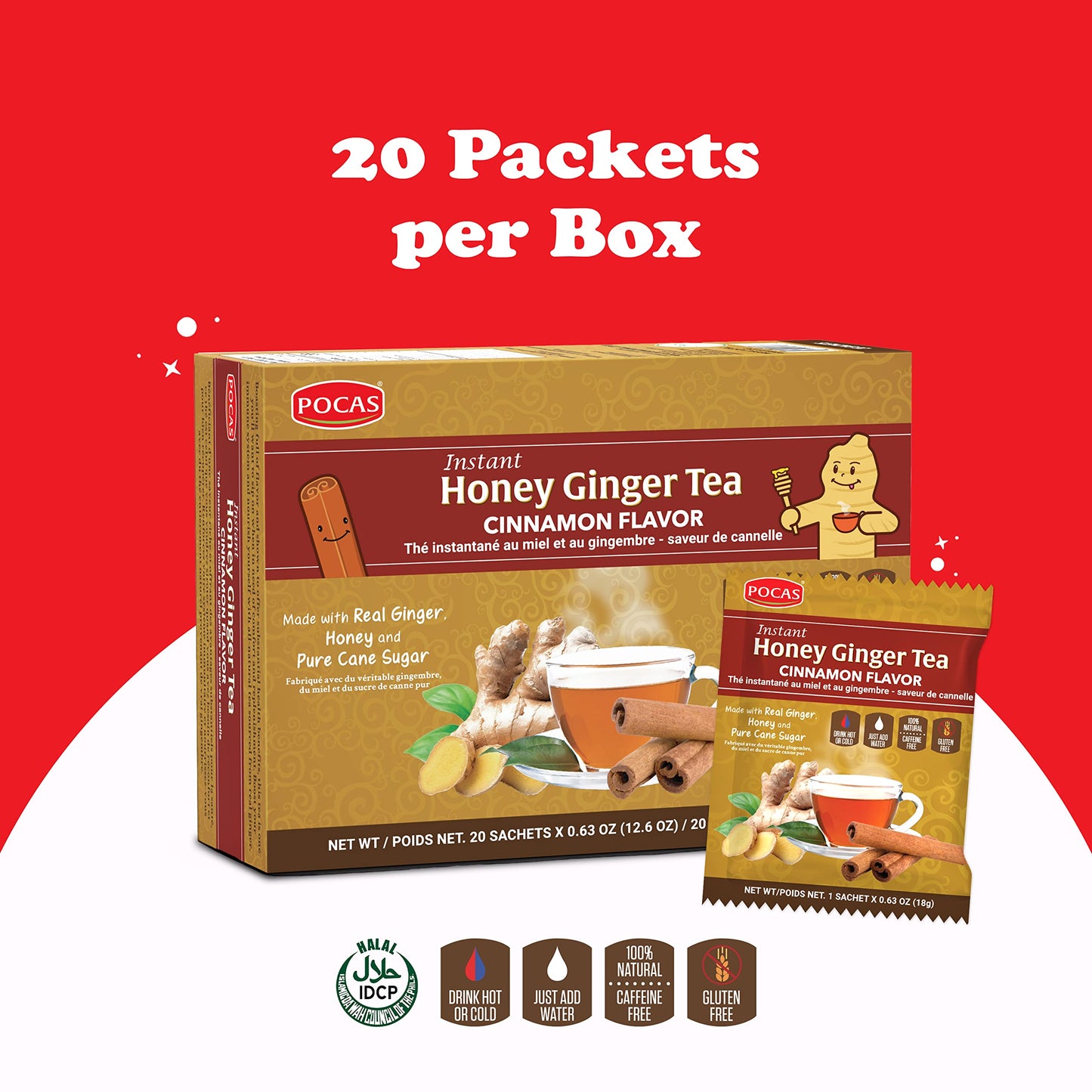 Pocas Honey Ginger Instant Tea Powder, Cinnamon Flavor, Caffeine-Free, 20 Packets