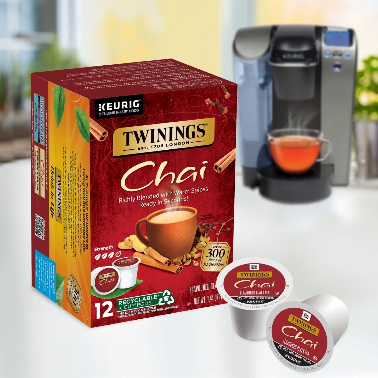 Twinings Chai Flavoured Black Tea K-Cup Pods For Keurig, Naturally Sweet, Savoury Spice Flavour, Caffeinated, 12 Count (Pack Of 6)