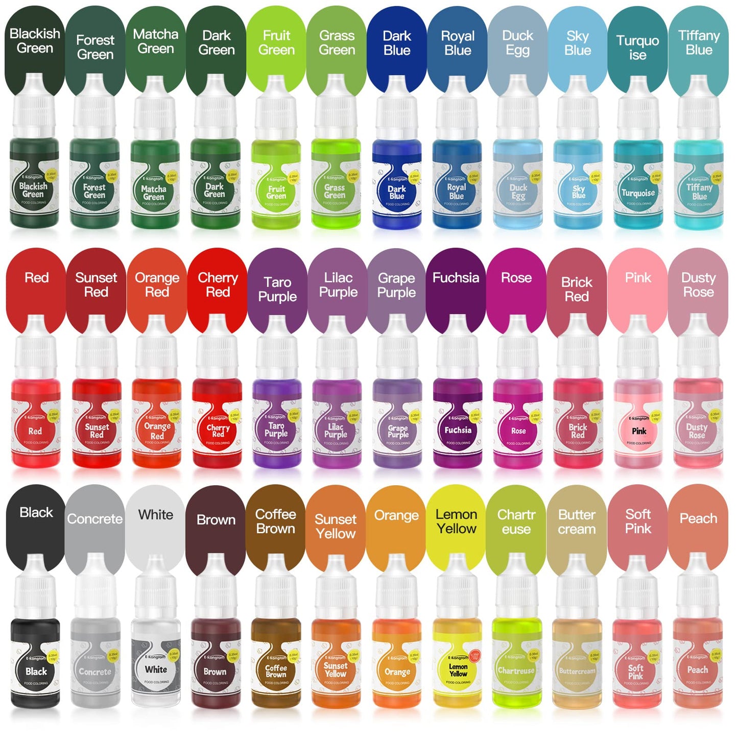 E-Kongton Food Coloring Liquid Set, 36 Vibrant Colors, Tasteless Dye for Baking, Cooking, and Crafts, 36 Fl Oz (Pack of 1)