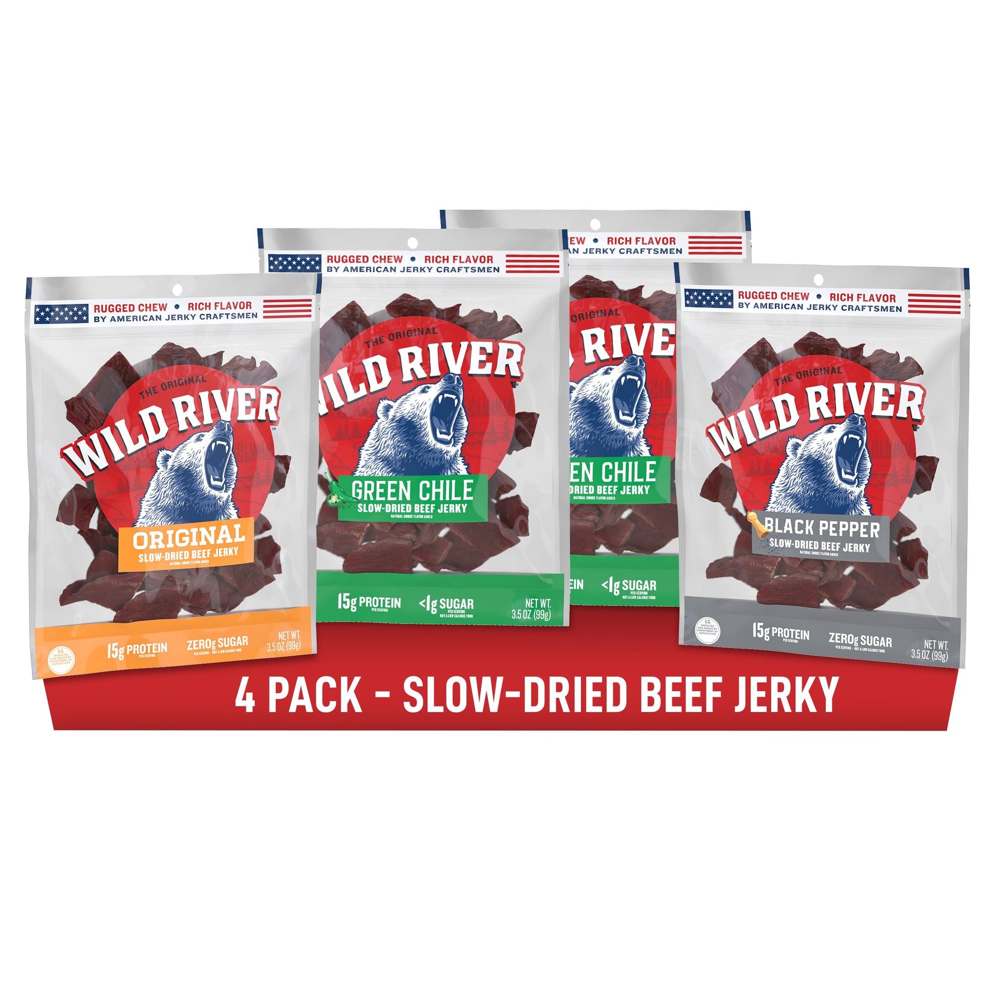 Wild River Beef Jerky Variety Pack, Old Fashioned Beef Jerky, Gluten Free - 2 Green Chile, Black Pepper, Original - Perfect Hunt