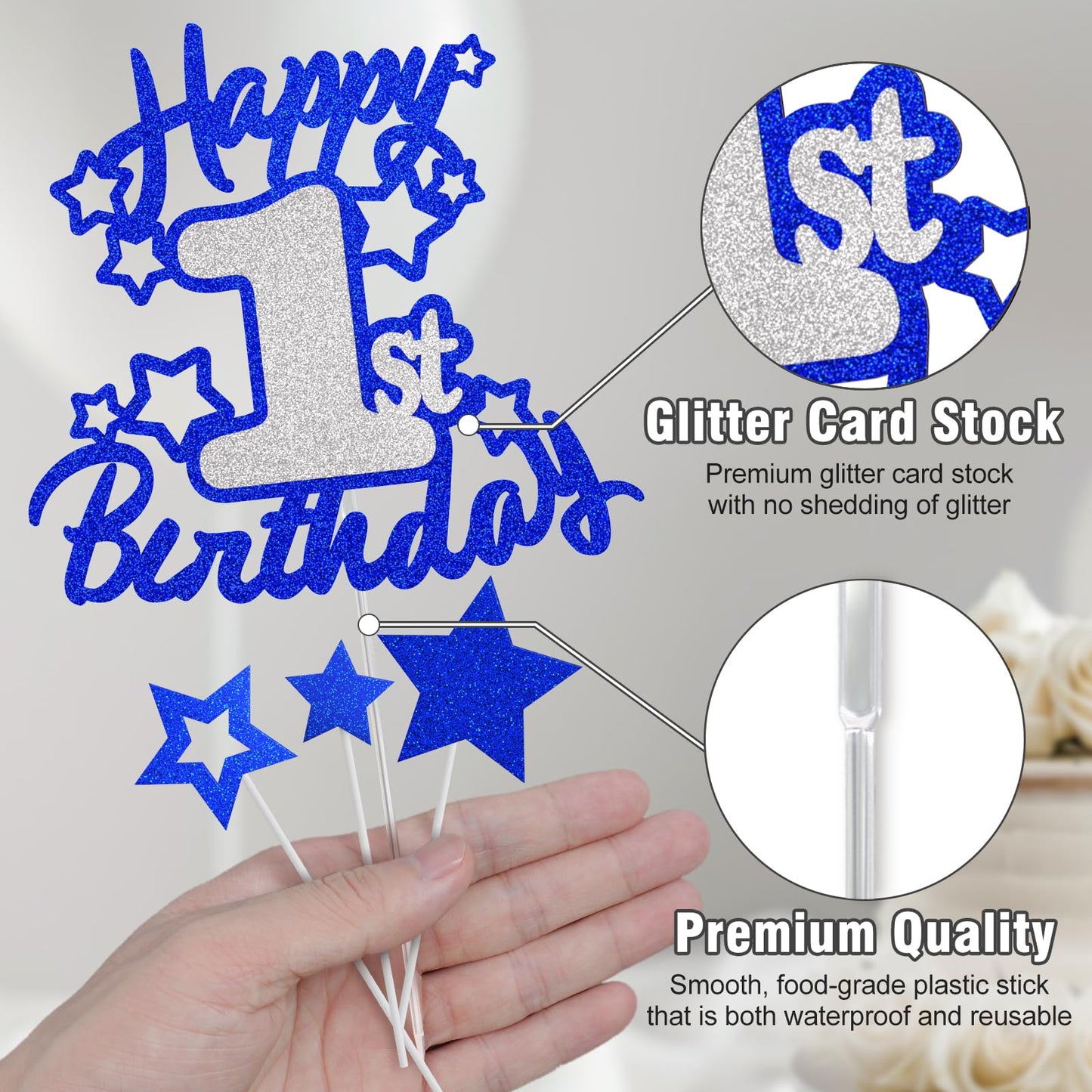 OffiCreative Happy 1st Birthday Cake Topper, Blue Silver Glitter Cardstock Decoration for 1 Year Old Baby Birthday Party