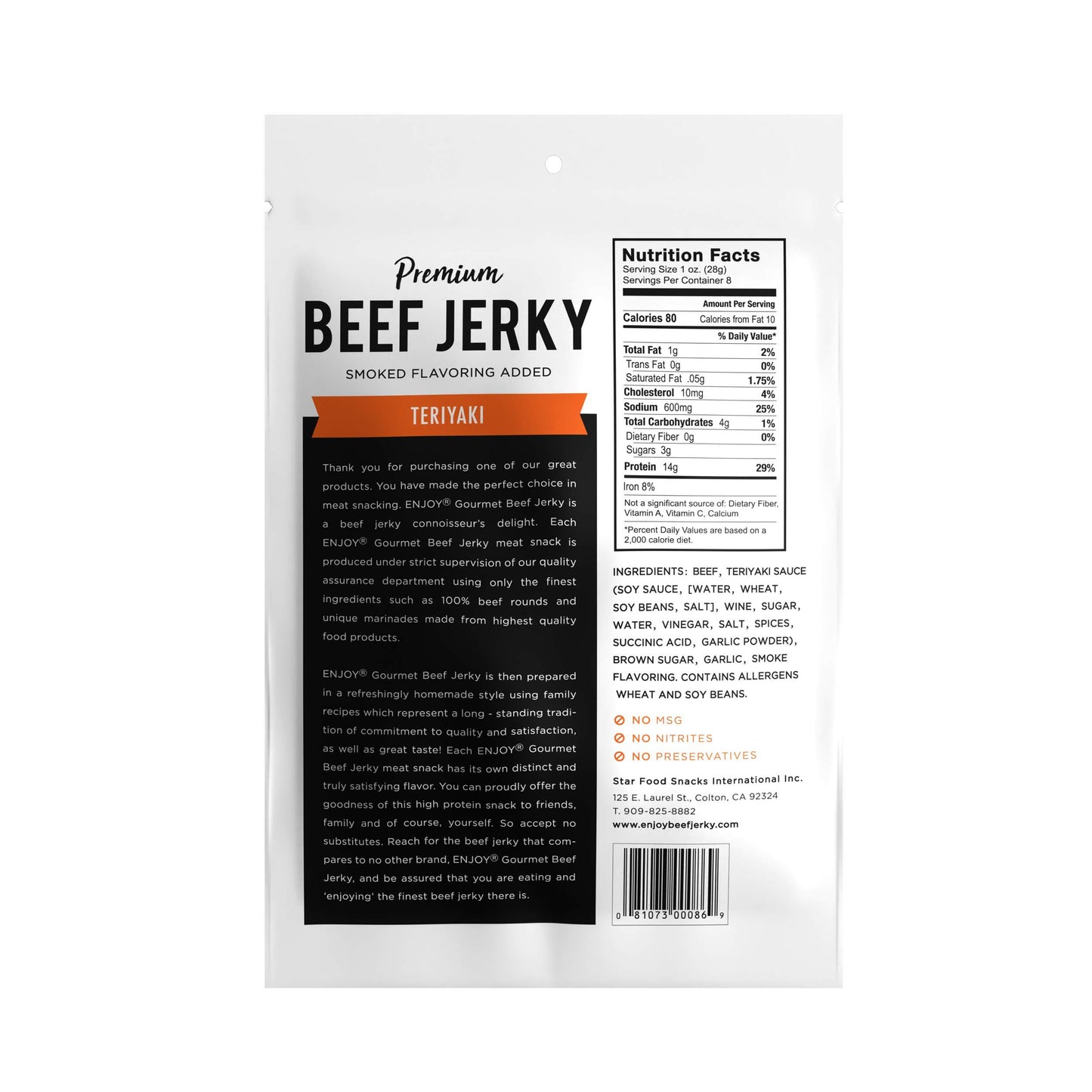 Enjoy Beef Jerky Teriyaki, Traditional Style, High Protein, Low Fat, 8 oz Resealable Bag