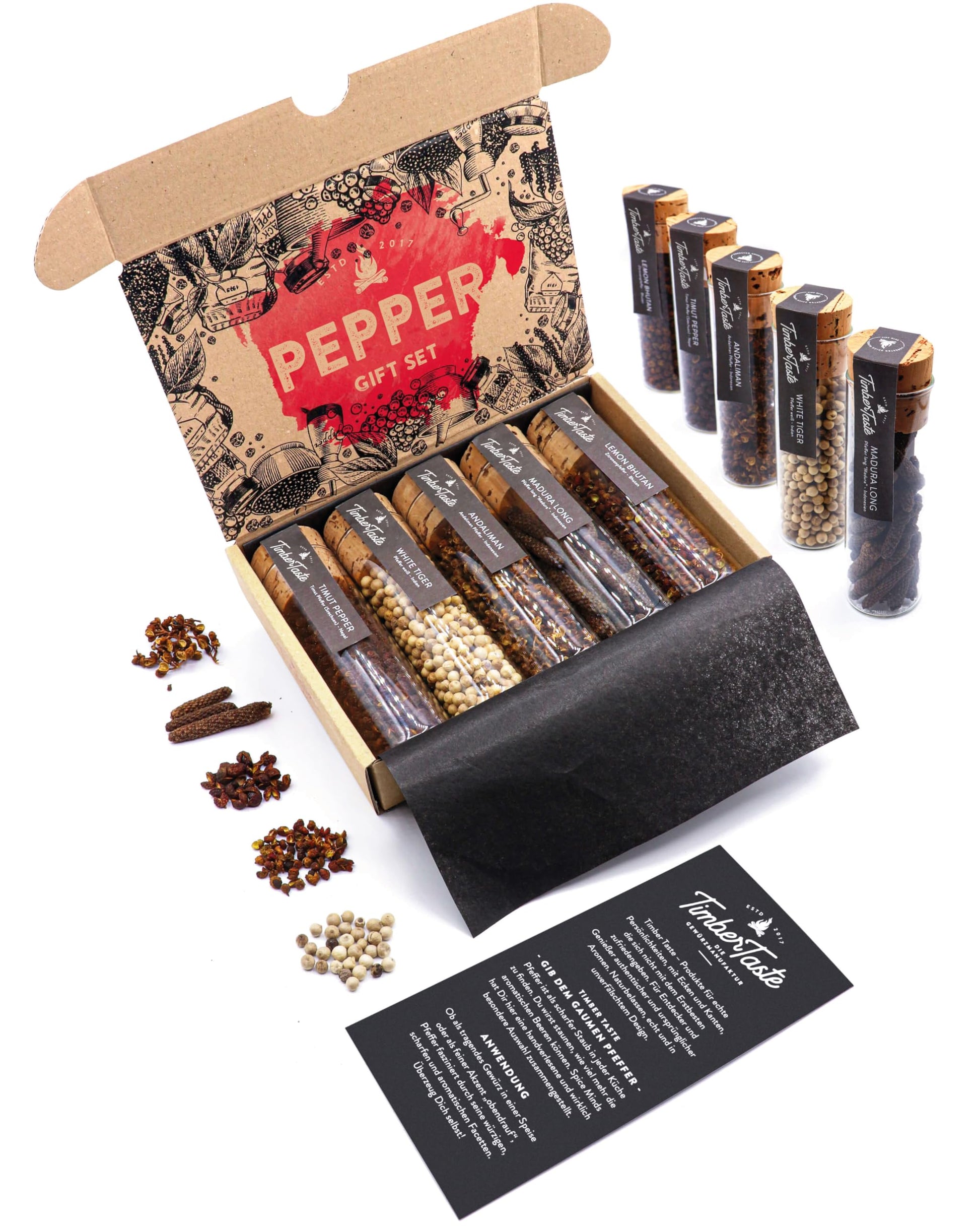 Pepper Gift Set – 5 Exotic Spices World S – Mens Stocking Stuffers For Men, Gift Sets For Dad, Gourmet Food Christmas Box For Him, Present Basket - Timber Taste®