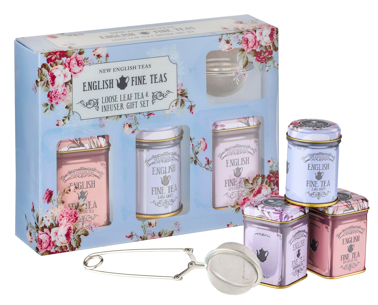 New English Teas Loose Leaf Tea & Infuser Gift Set - 3 Vintage Floral Tins With Breakfast  Earl Grey & Afternoon Blends With Loose Tea Infuser