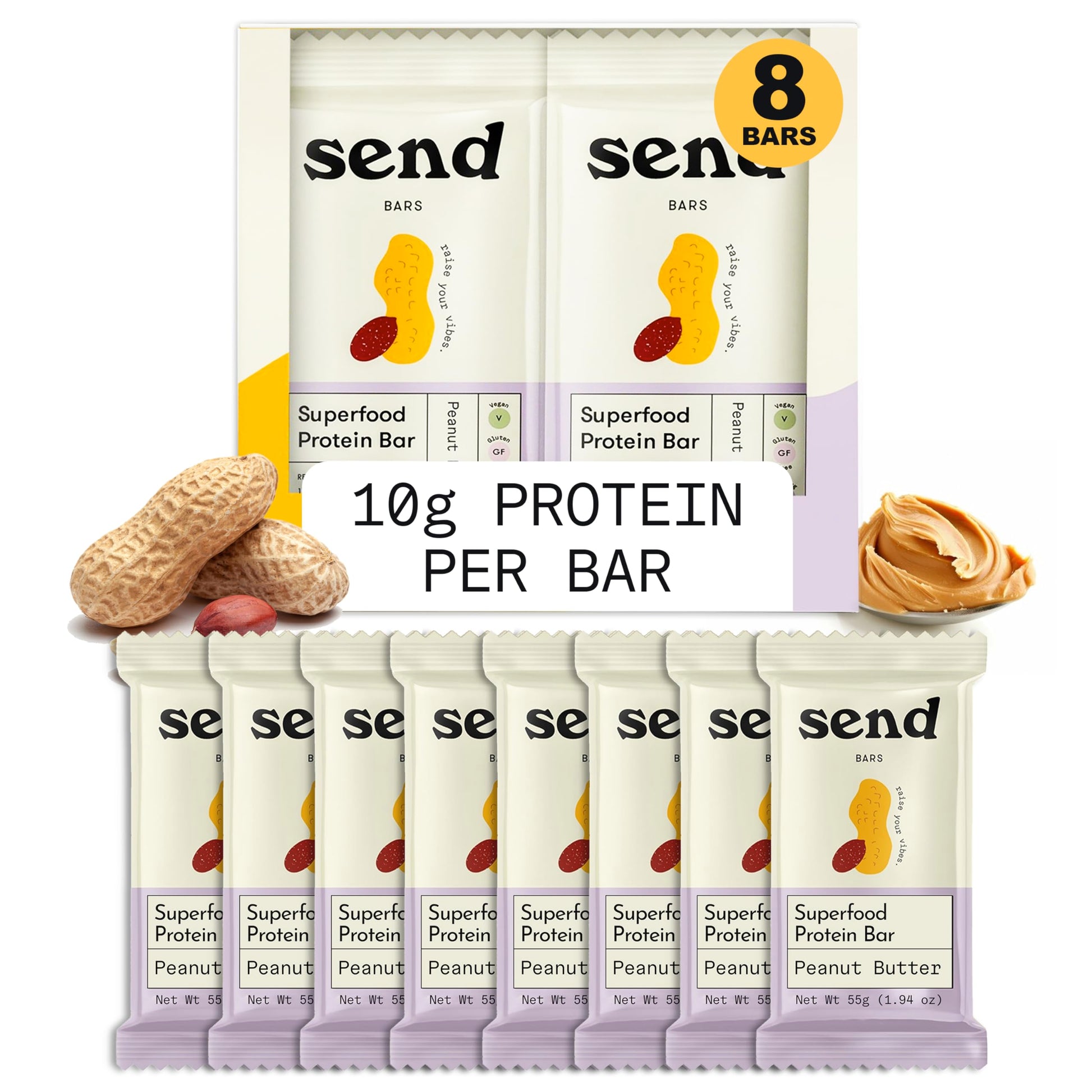 Send Bars Plant-Based Vegan Healthy Protein Bars, With Greens (Peanut Butter, 8 Bars) – Only Real Ingredients, Zero Added Sugar, Gluten-Free, Dairy-Free