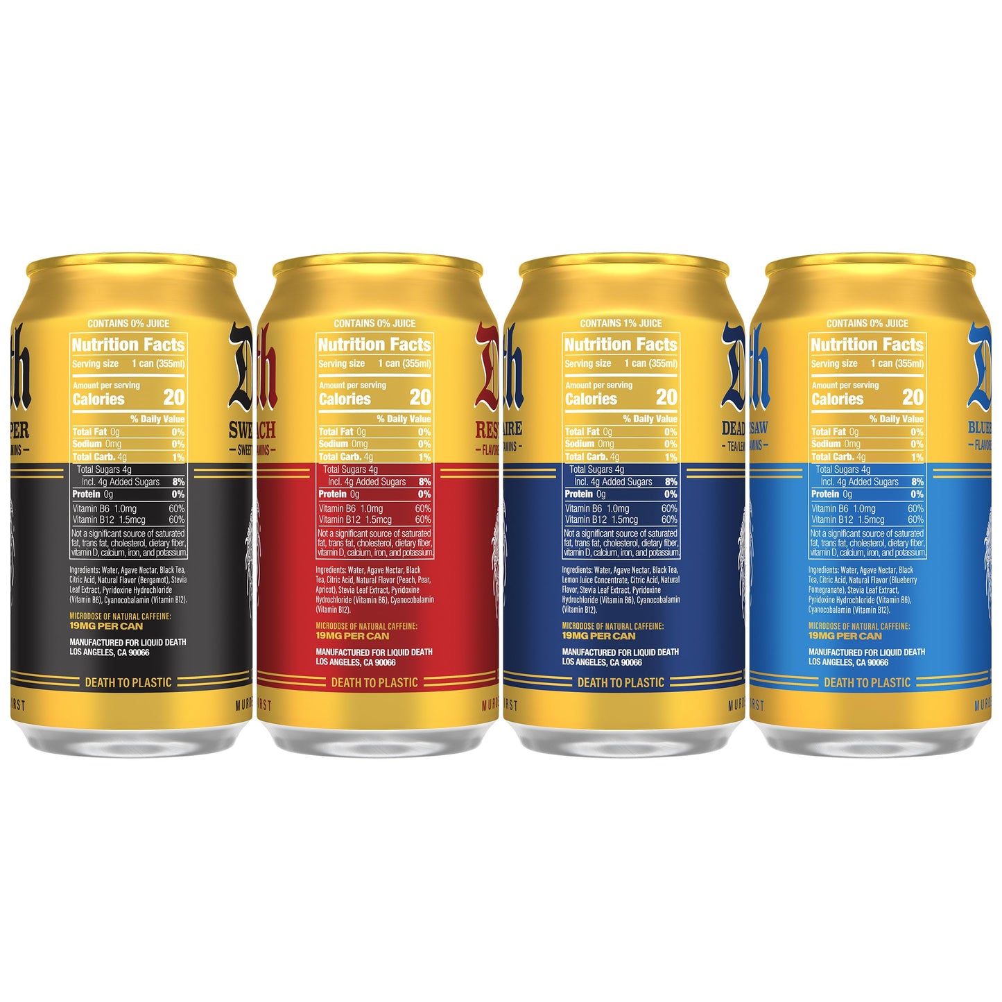 Liquid Death, Dead Billionaire, Rest In Peach, Sweet Reaper, And Blueberry Buzzsaw, Iced Tea Variety Pack, 12-Pack (12 Oz Cans),