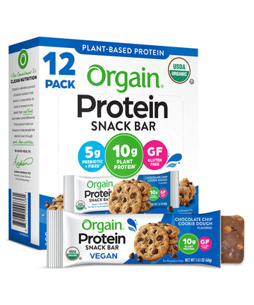 Orgain Organic Vegan Protein Bars, Chocolate Chip Cookie Dough - 10G Plant Based Protein, Low Calorie Healthy Snacks, No Lactose