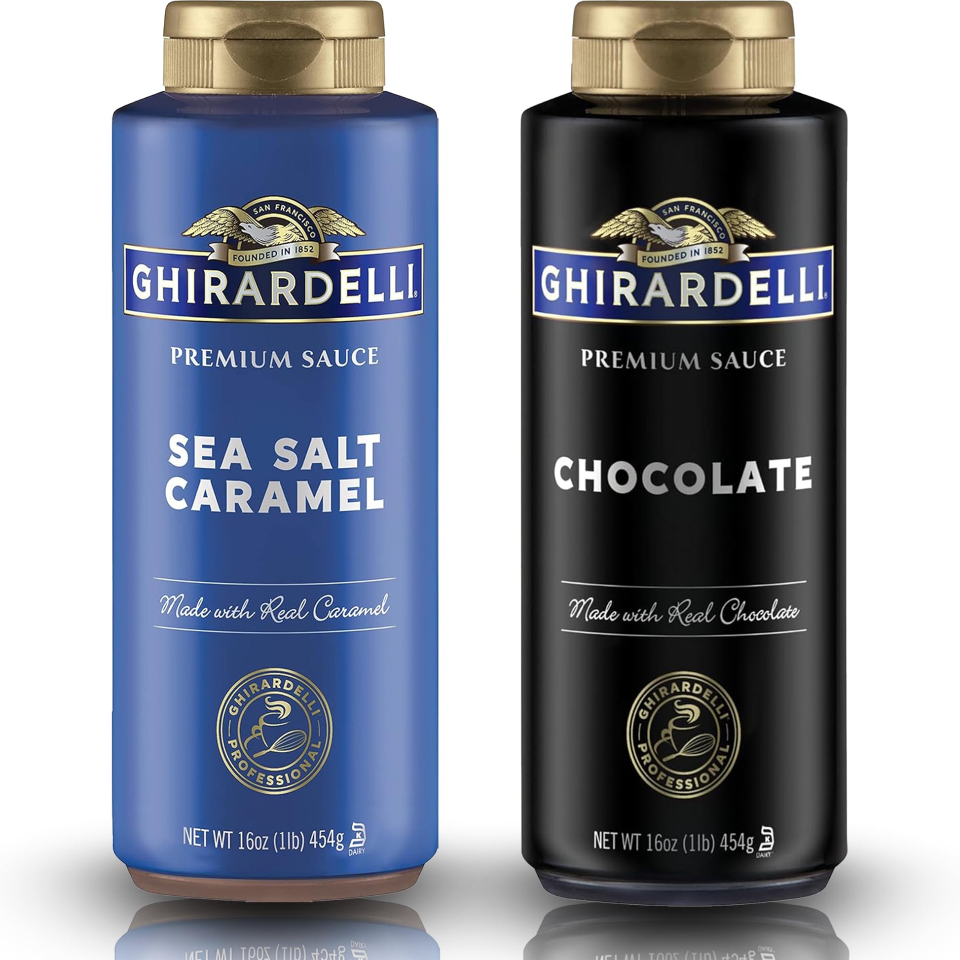 Ghirardelli Flavored Sauce Variety Pack | 16 Oz Bottles (Pack Of 2) | Chocolate And Sea Salt Caramel Dessert Toppings For Coffee Drinks  Ice Cream  And Baking Recipes