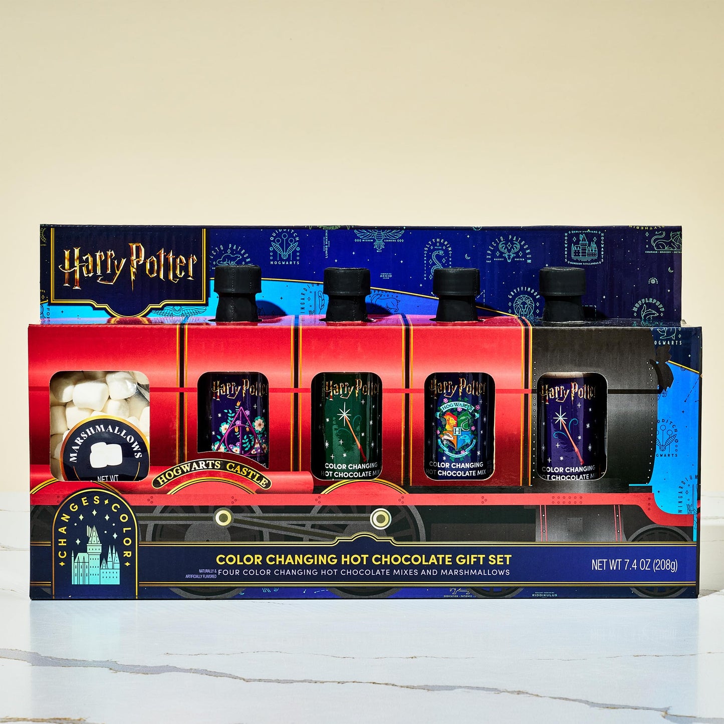 Harry Potter, Color Changing Hot Chocolate Gift Set, Includes 4 Bottles Of Color Changing Hot Cocoa Mix And Marshmallows In Hogwarts Express Train Box