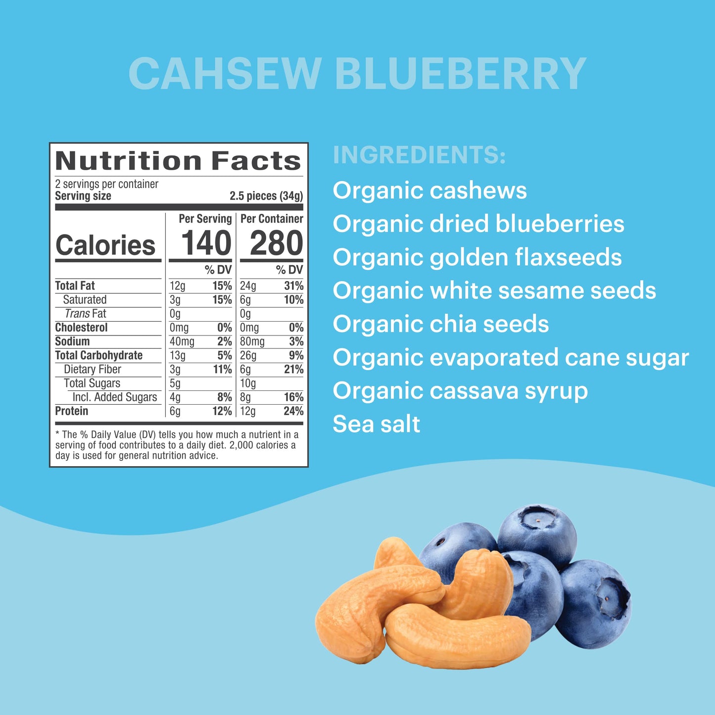 Tosi Cashew Blueberry Protein Bars, Plant Based with Nuts, Gluten-Free Crunchy Snacks, Vegan, Organic, Flax & Chia Seeds, Soy-Fr