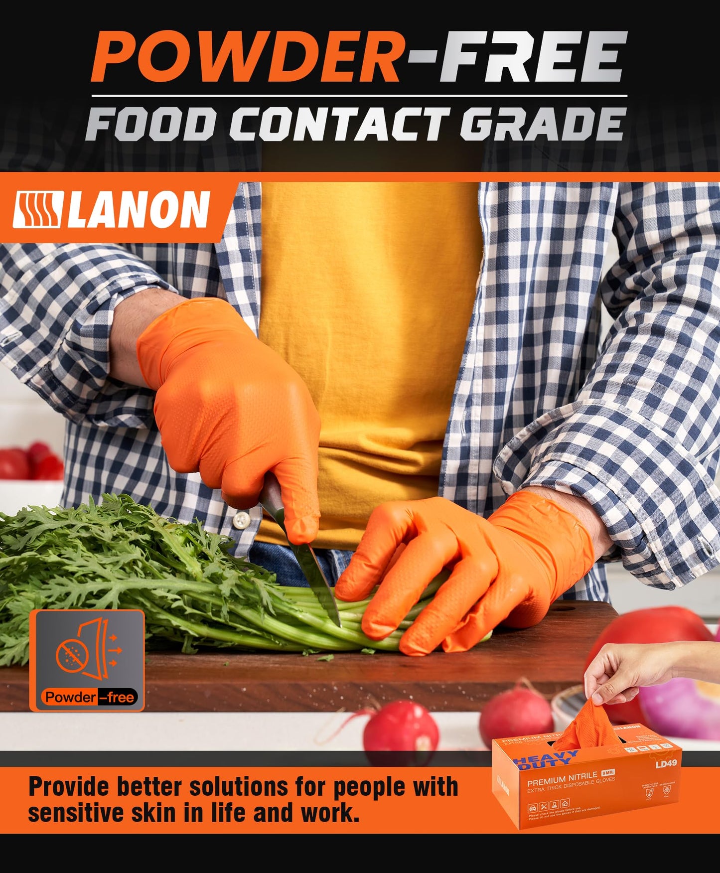 Lanon 8Mil Orange Disposable Nitrile Gloves, Mechanic, Heavy Duty, Food Safe, Latex Free, Powder Free, Fully-Diamond Textured, X