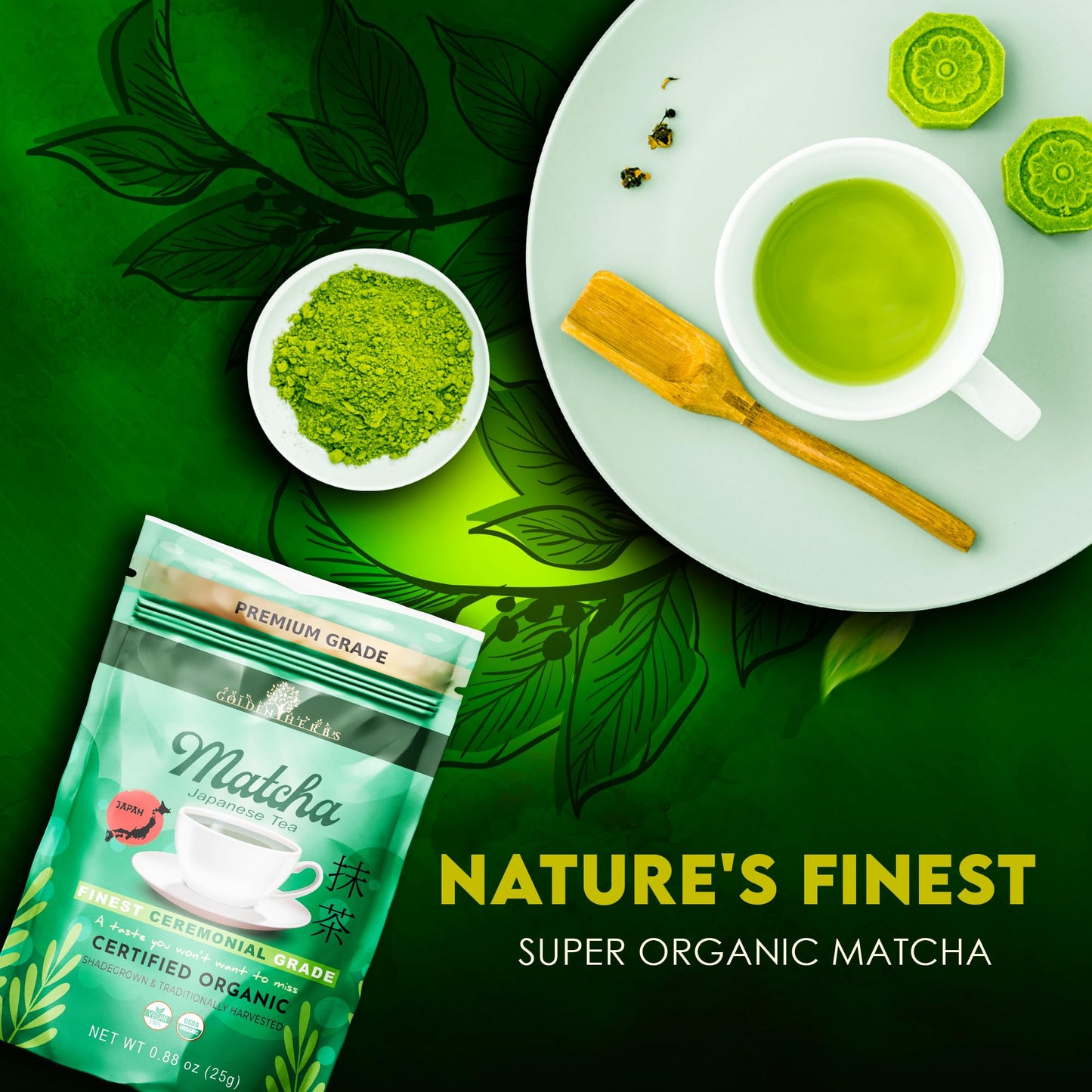 Golden Herbs Matcha Superior Ceremonial Blend Green Tea Powder From Uji, Kyoto, Usda Organic, Gluten-Free Vegan, 100% Pure Unswe